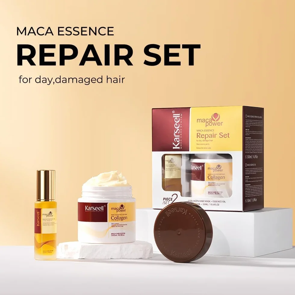 Karseell Maca Essence Repair Set, Collagen Hair Mask & Hair Oil Głęboka naprawa włosów Pielęgnacja suchych i zniszczonych włosów Wszystkie rodzaje włosów 500 ml + 50 ml