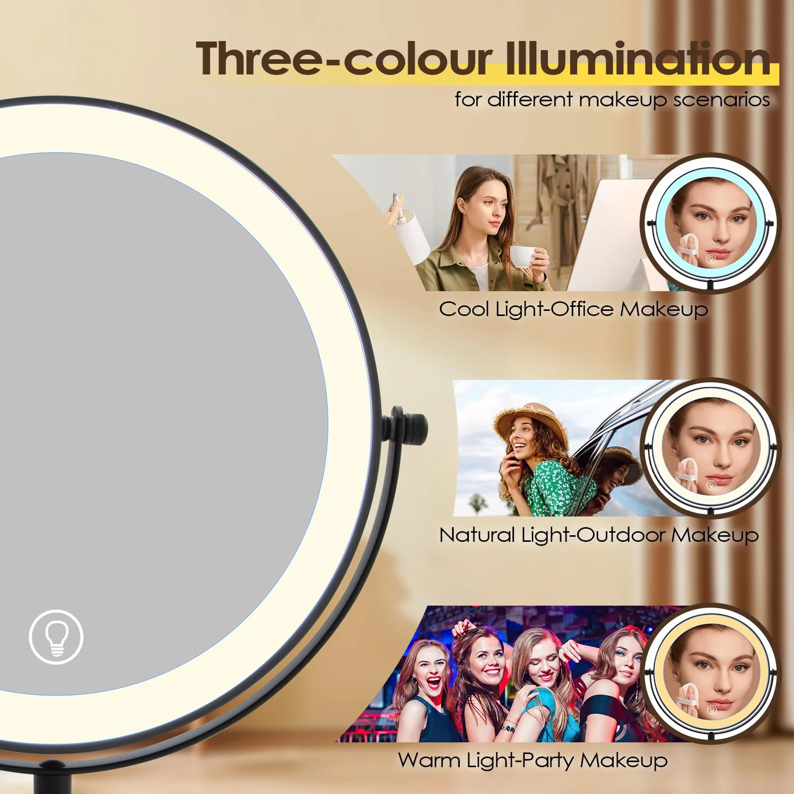 Cuteefun 20 cm Lusterko kosmetyczne z oświetleniem, podświetlane lusterko powiększające dwustronne 1X/10X na podstawie, regulowana wysokość i jasność, obrót 360°, 3 tryby świecenia, idealne na stół