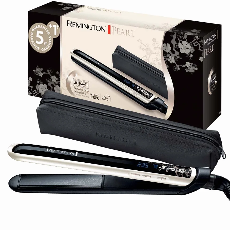 Remington prostownica do włosów, powłoka ceramiczna z perłami, zakres temp. 150-235°C, szybkie nagrzewanie, ruchome płytki, obrotowy przewód 3m, blokada płytek, etui, czarno-biała, Pearl Pro S9501