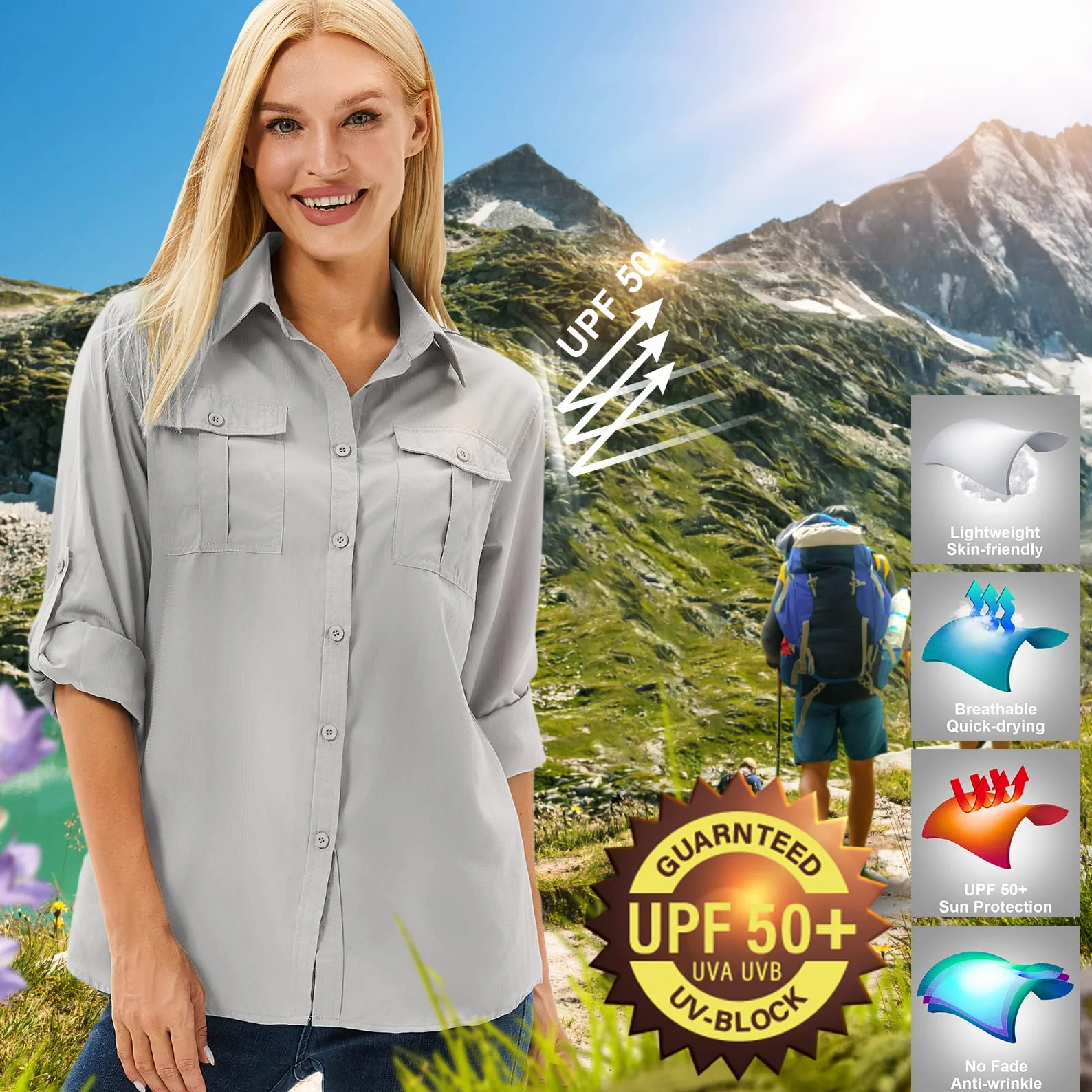 Damska bluzka koszulowa UPF 50+, ochrona przed słońcem, odzież safari, damska bluzka turystyczna z długim rękawem, oddychająca, Cool Quick Dry