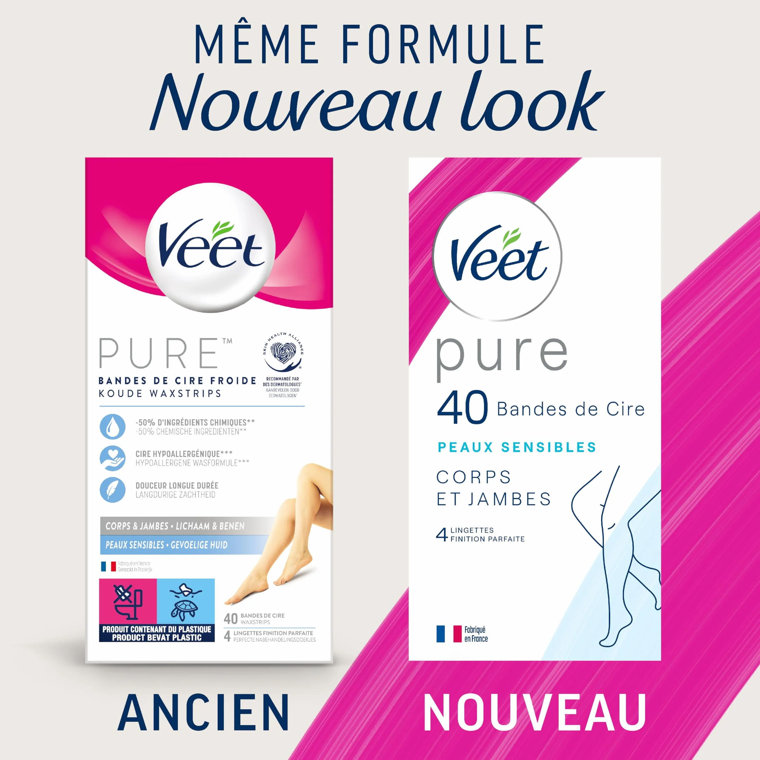 Veet PURE 40 pasków z zimnego wosku do ciała i nóg Skóra wrażliwa Długotrwała depilacja