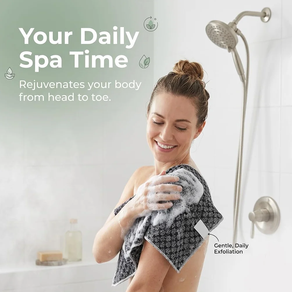 Exfoliating Antibacterial Shower Towel, bardzo długa myjka peelingowa dla mężczyzn i kobiet, głęboko oczyszczający pas do mycia pleców do delikatnego peelingu ciała, czarny