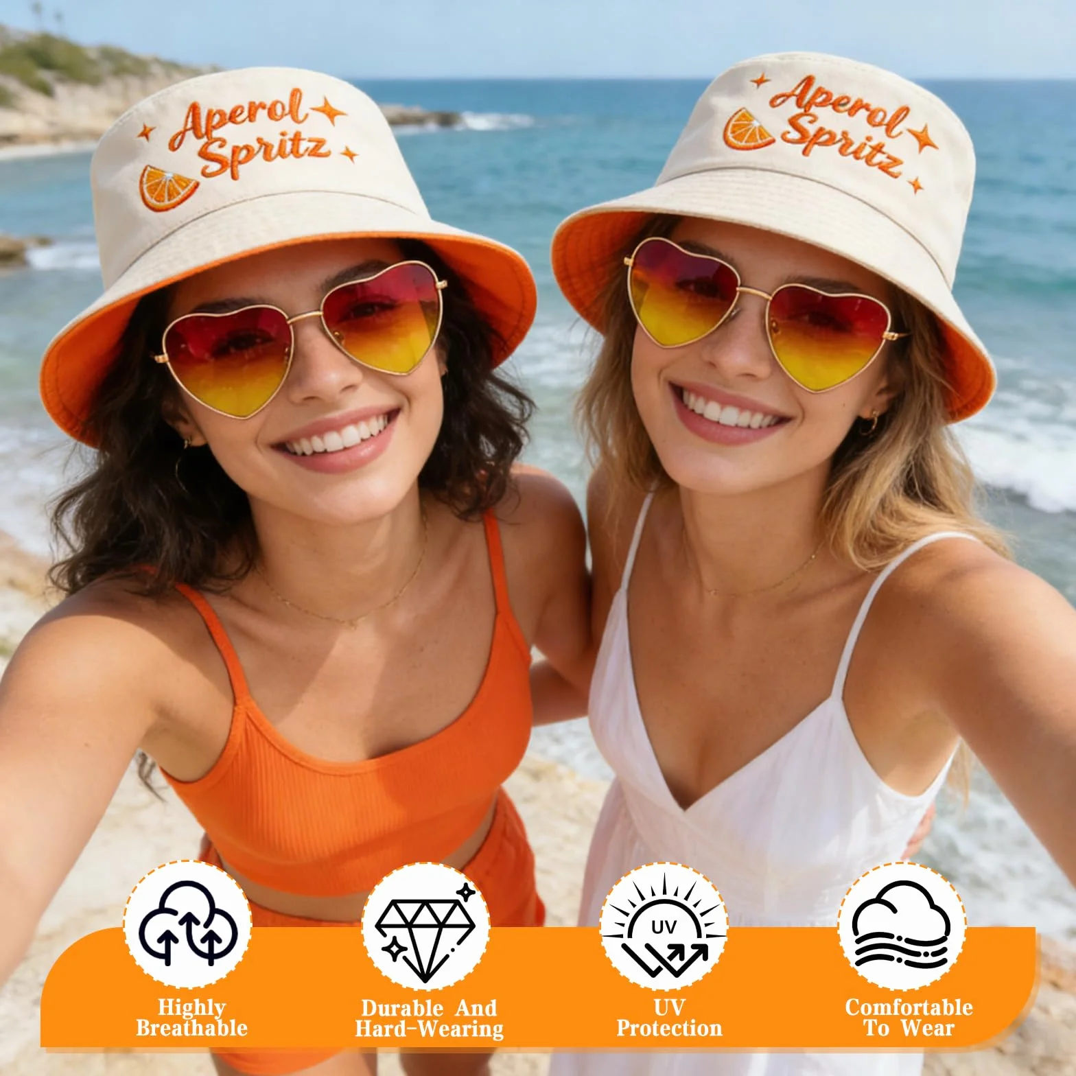 Aperol kapelusz rybacki, kapelusz wędkarski, Aperol Spritz, prezent, retro, pomarańczowe okulary w kształcie serca, na karnawał, do kostiumu, na imprezę, akcesoria na lato, outdoor, kapelusz