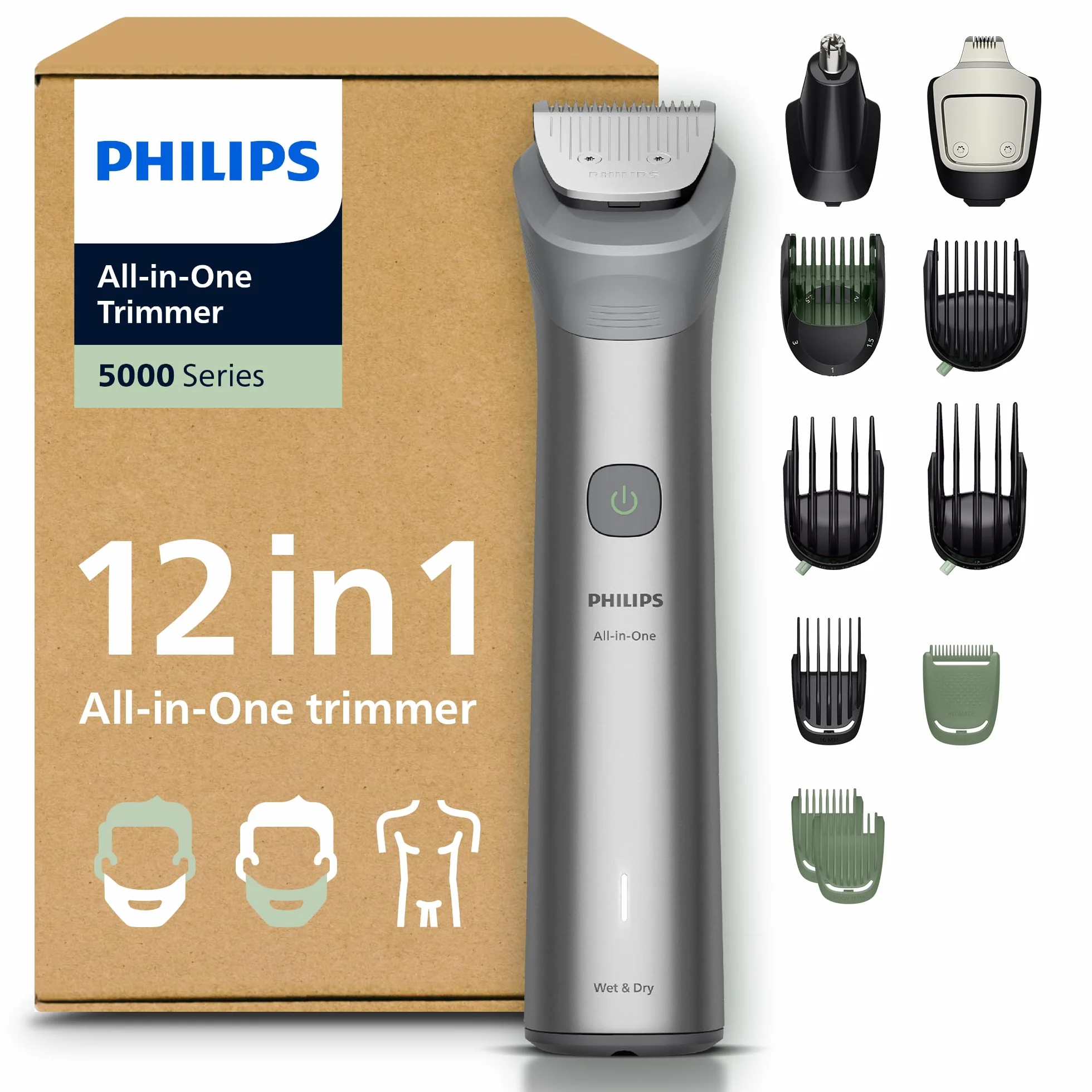 Philips Multigroom All-in-One serii 5000 trymer 12-elementowy MG5952/30, samoostrzące się metalowe ostrza, 20 ustawień długości 0,5-20 mm