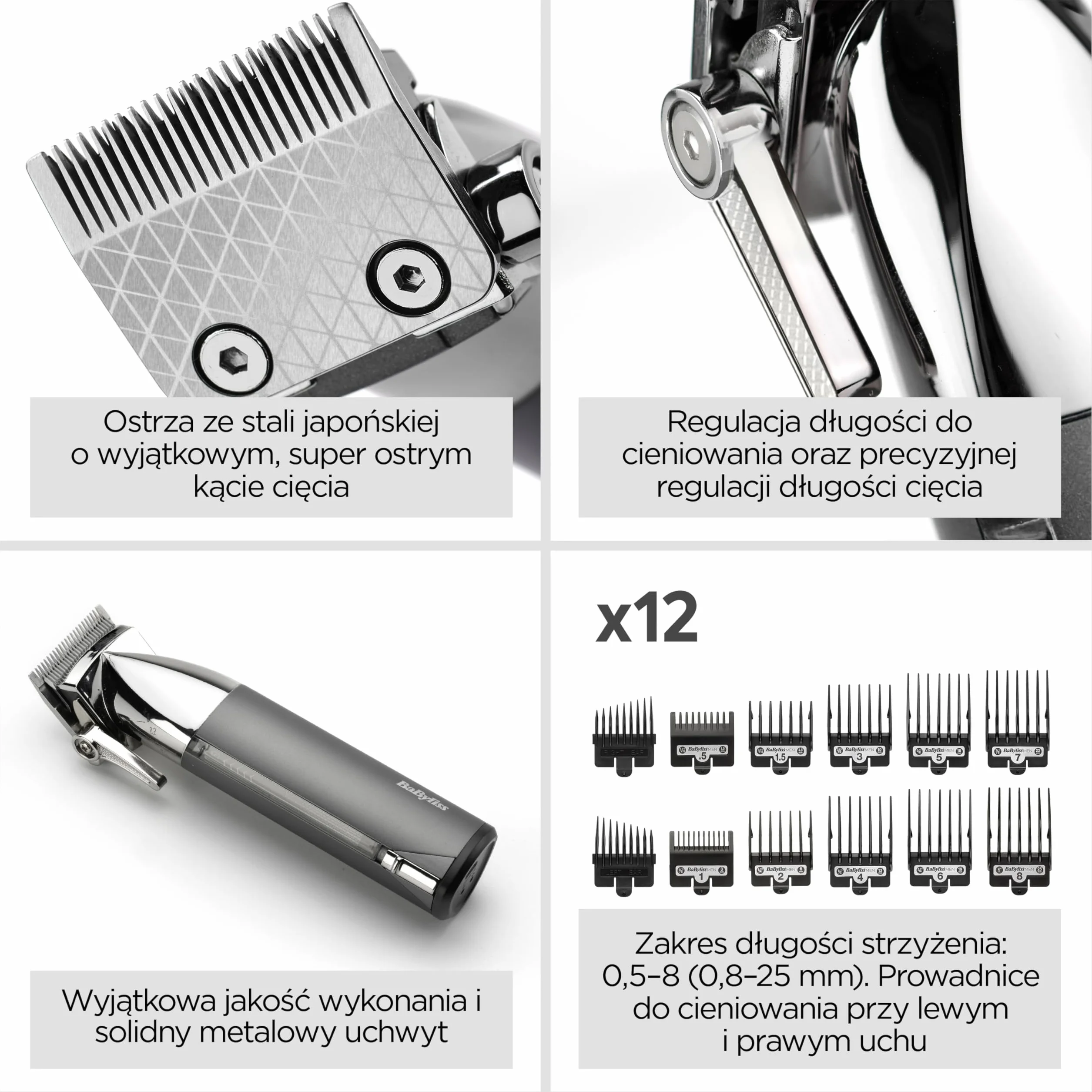 BaByliss Super-X Metal Series, bezprzewodowa maszynka do włosów, ostrza ze stali japońskiej, 10 nasadek grzebieniowych, 2 prowadnice, akumulator litowy, wyświetlacz cyfrowy, metalowy, czarny, E996E
