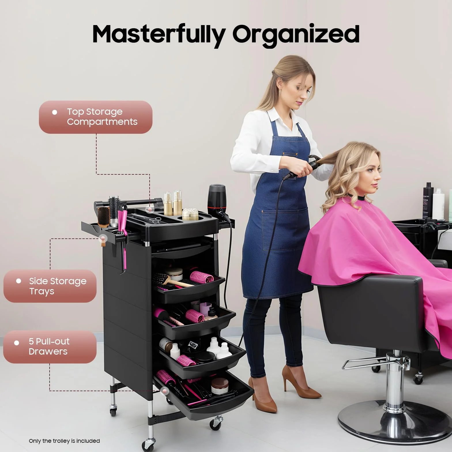Wózek fryzjerski Wózek do salonu fryzjerskiego z kółkami, 5 szuflad, półka boczna, do salonów kosmetycznych, salonów fryzjerskich, szpitali i ośrodków zdrowia, czarny