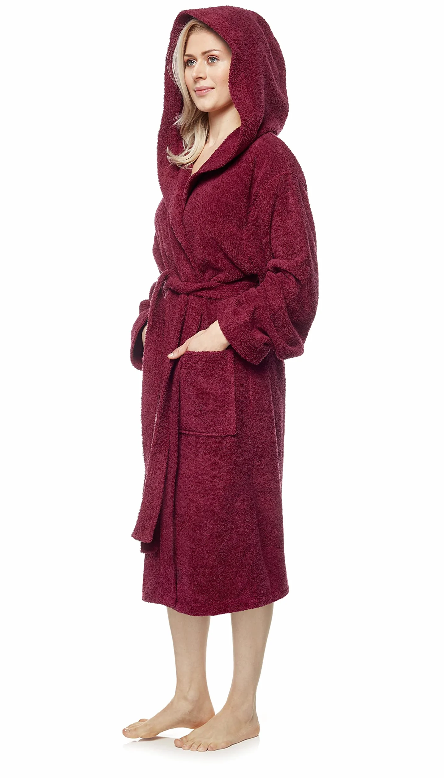 Damski szlafrok z kapturem, długość do łydek albo kostek, frotte z 100% bawełny (380 g/m²) z certyfikatem OEKO-TEX®