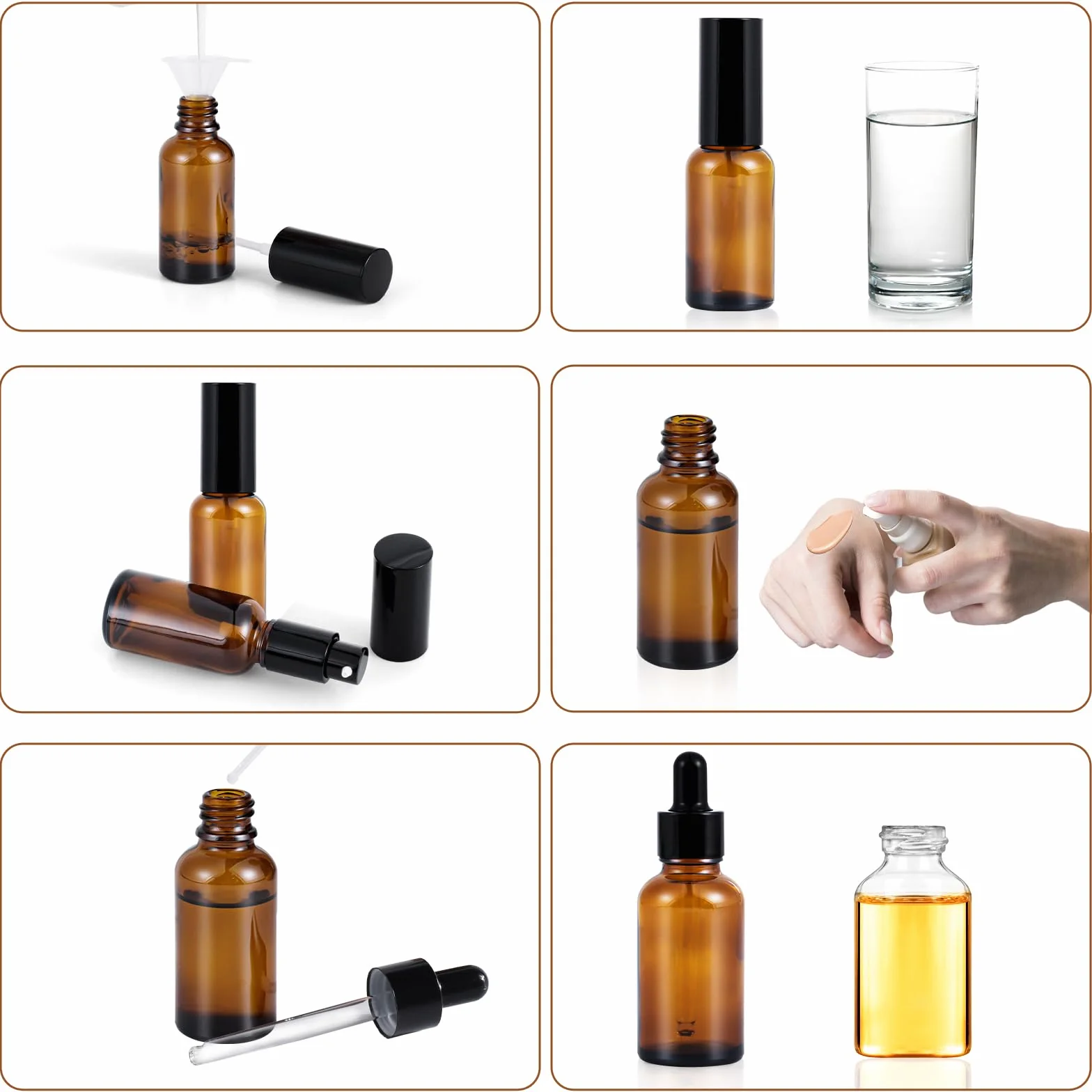 6 Sztuk 30ml Brązowa Szklana Butelka Zestawem Pipet, Ze Szklanym Spryskiwaczem, Butelką Balsamem, Butelką Kroplomierzem, Pipetą, Małym Lejkiem -Do Napełniania Produktów Do Pielęgnacji Skóry