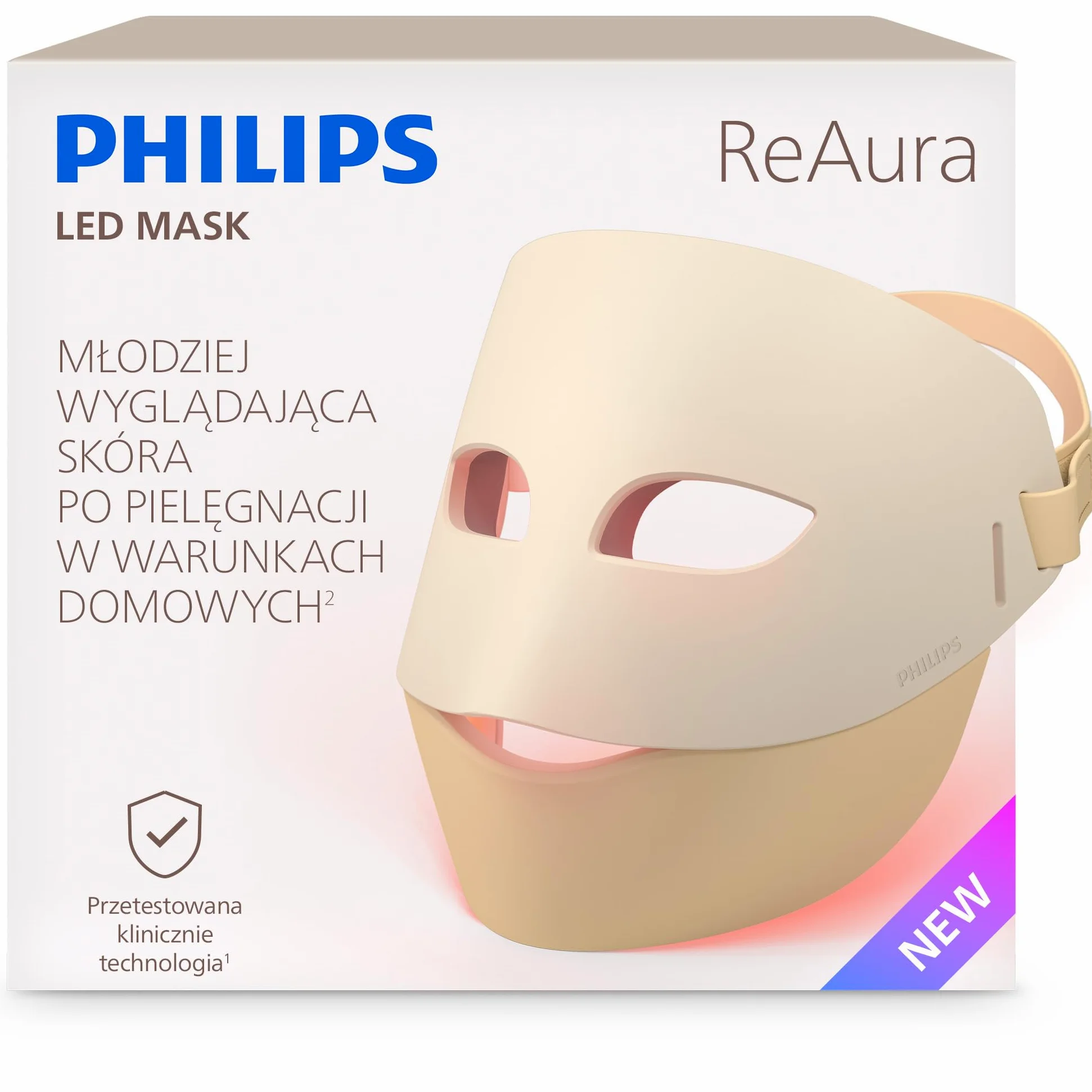 Philips ReAura maska LED: 3-w-1 do pielęgnacji twarzy, okolic oczu i szyi, 3 tryby, światło niebieskie i czerwone oraz bliska podczerwień¹, elastyczne dopasowanie, 10-minutowa kuracja, LTM7100/00