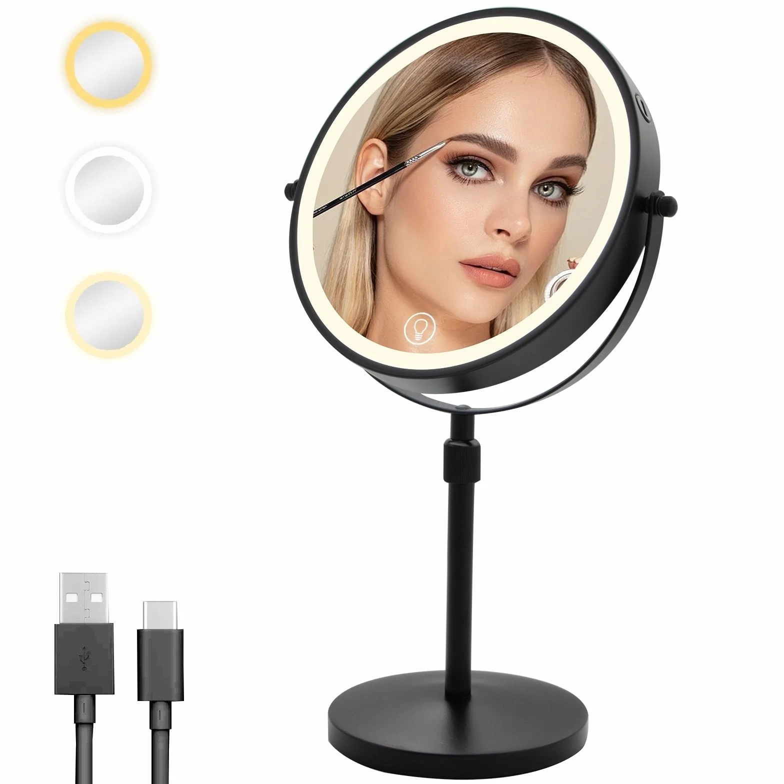 Cuteefun 20 cm Lusterko kosmetyczne z oświetleniem, podświetlane lusterko powiększające dwustronne 1X/10X na podstawie, regulowana wysokość i jasność, obrót 360°, 3 tryby świecenia, idealne na stół