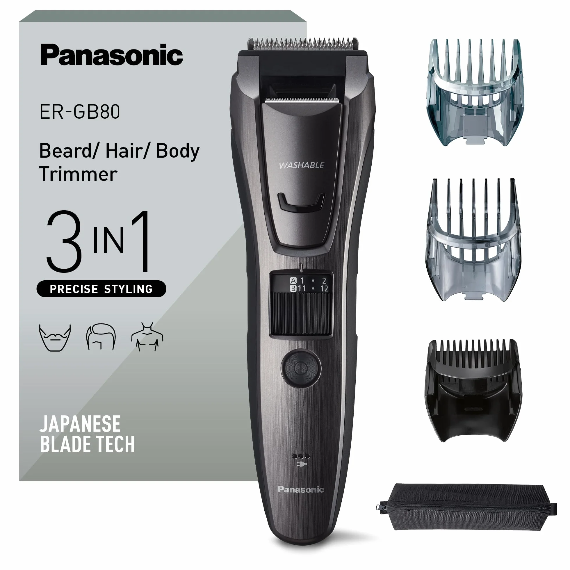 Panasonic ER-GB80 trymer do brody, 39 ustawień długości, 3 nasadki, 50minut pracy, Japanese Blade Tech, szary