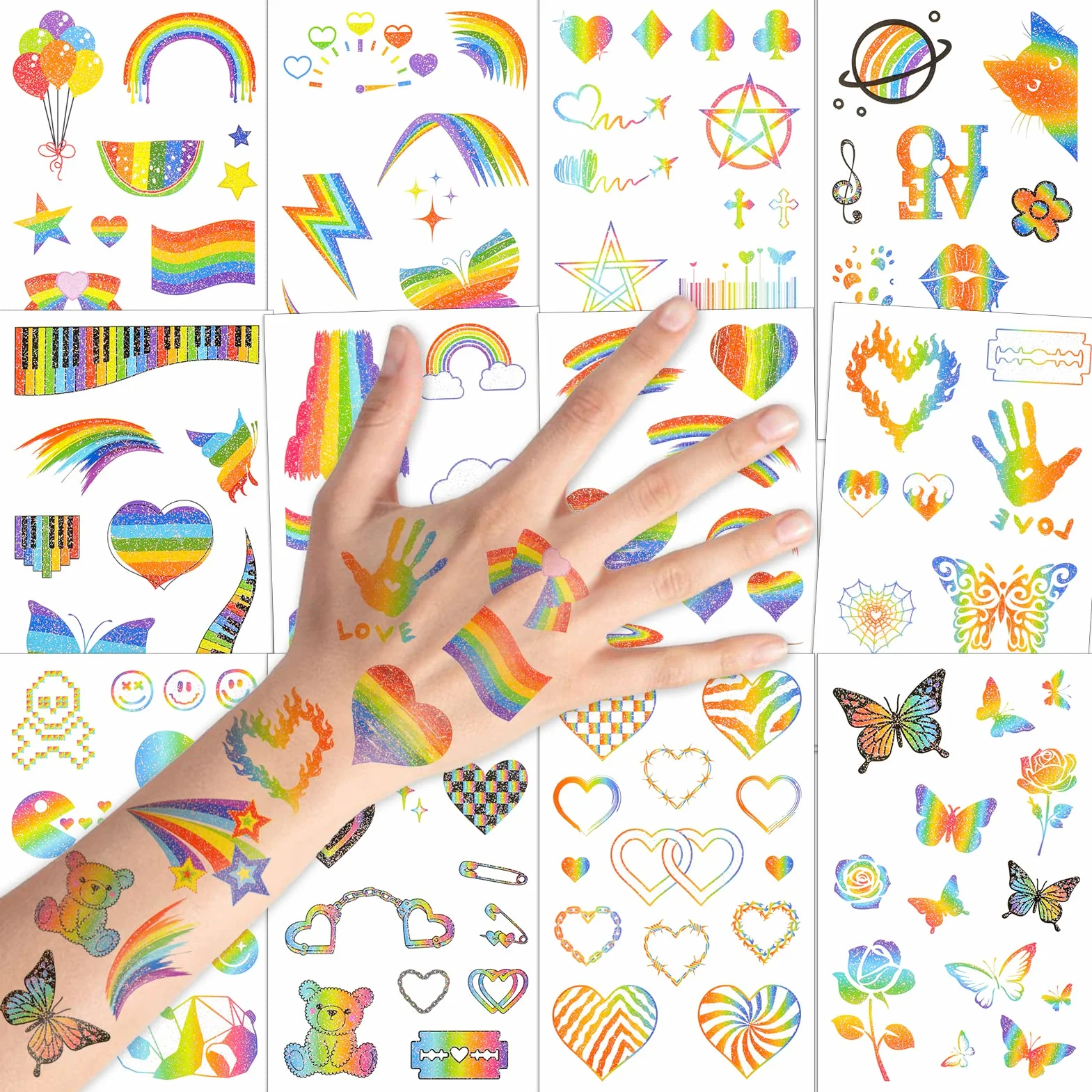 Qpout 12 szt. tęczowych tatuaży brokatowych motyli serce tęczowa flaga Body Art naklejka 130+ brokatowych stylów, tatuaże dla dziewcząt i chłopców, na przyjęcie urodzinowe