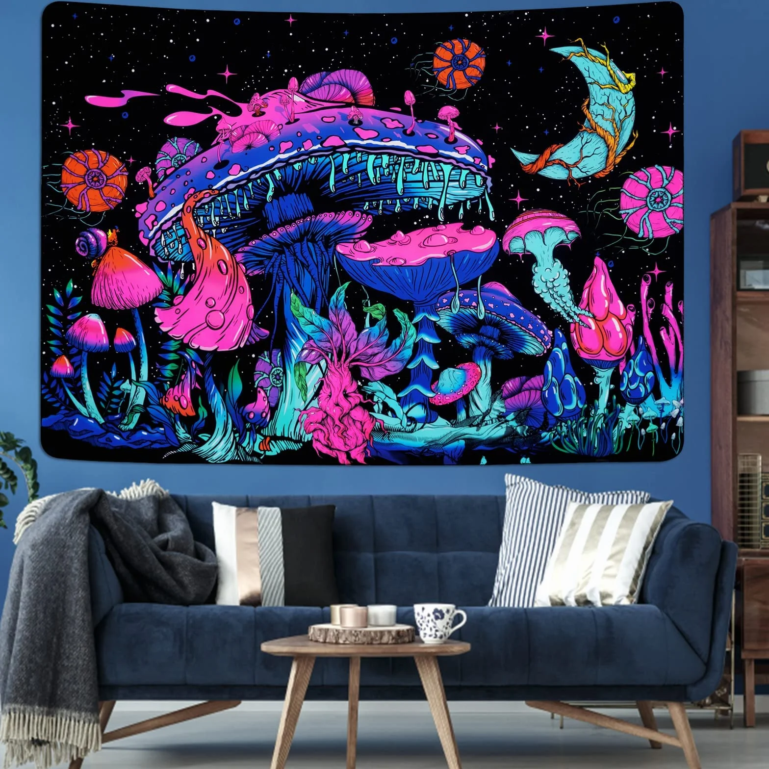 Yrendenge Gobelin z motywem grzyba, UV księżyc i gwiazdy, wiszące rośliny, gobeliny świecące w ciemności, gwiaździste nocne niebo, gobelin estetyczny, wiszący na ścianie do sypialni, 210 x 150 cm