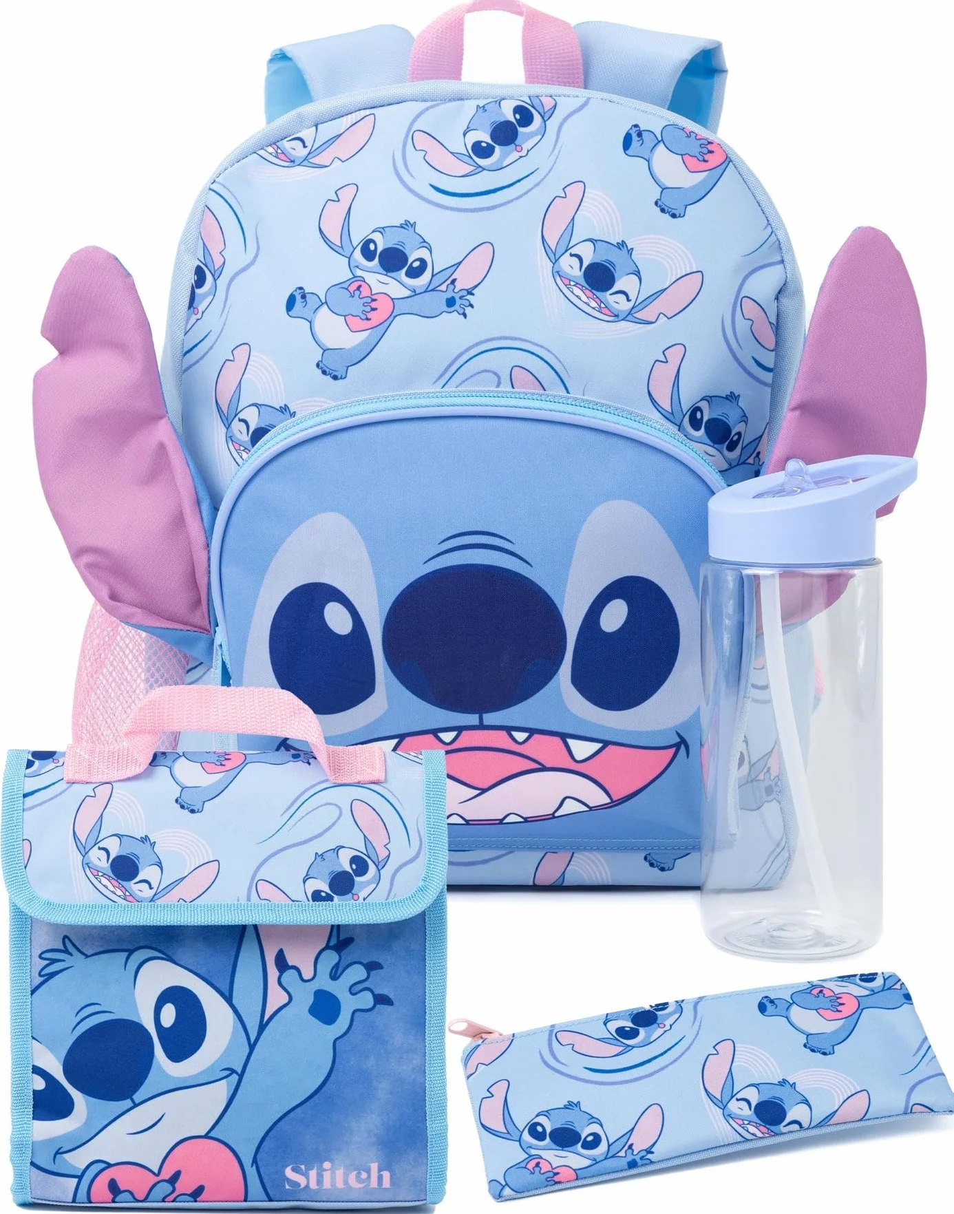 Disney Lilo and Stitch 4-częściowy plecak dziewczyny | Dzieci Chłopcy Obcy Postać 3D Uszy Plecak Torba na lunch Piórnik I Butelka z wodą | Powrót do tornistra Prezenty