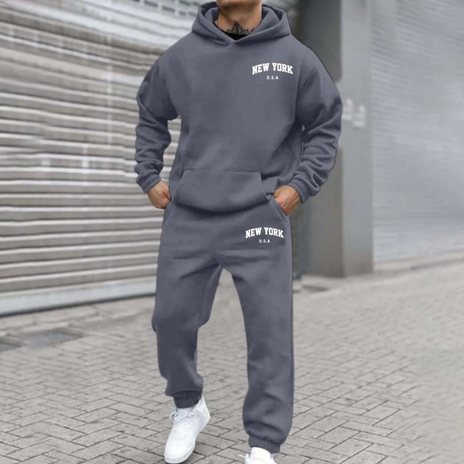 Generisch Męski dres do joggingu, zestaw New York Logo dres treningowy bluza z kapturem i spodnie do biegania, Y2K, długi rękaw, dres sportowy z kieszeniami, wygodny zestaw do joggingu, wygodny strój