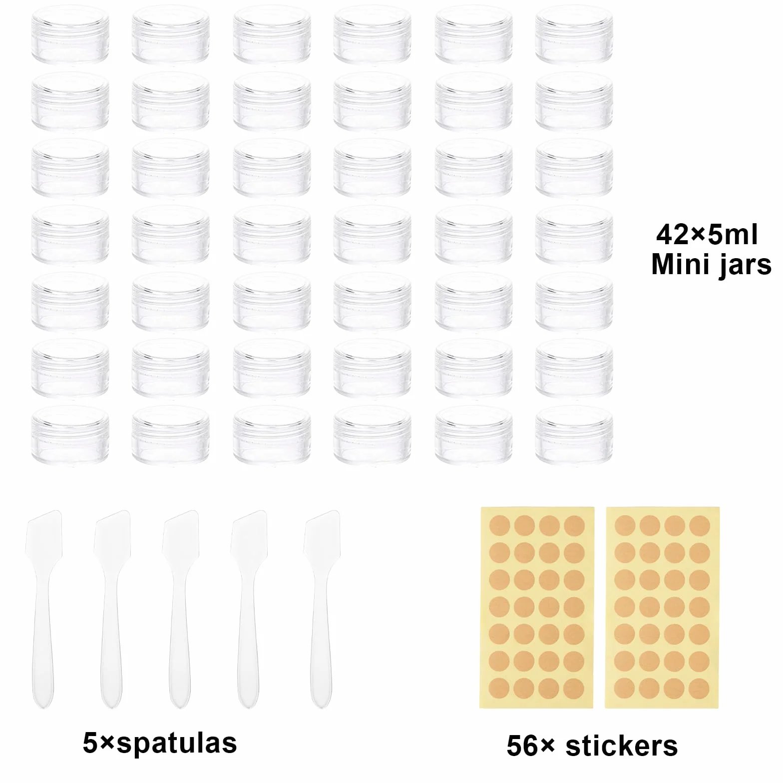 Pojemniki 5 ml z pokrywką, 42 sztuki, małe tygle z etykietami i szpatułką, mini pojemnik na śmietanę, przezroczyste pojemniki na próbki kosmetyków, kremu do ust, zdobienia paznokci