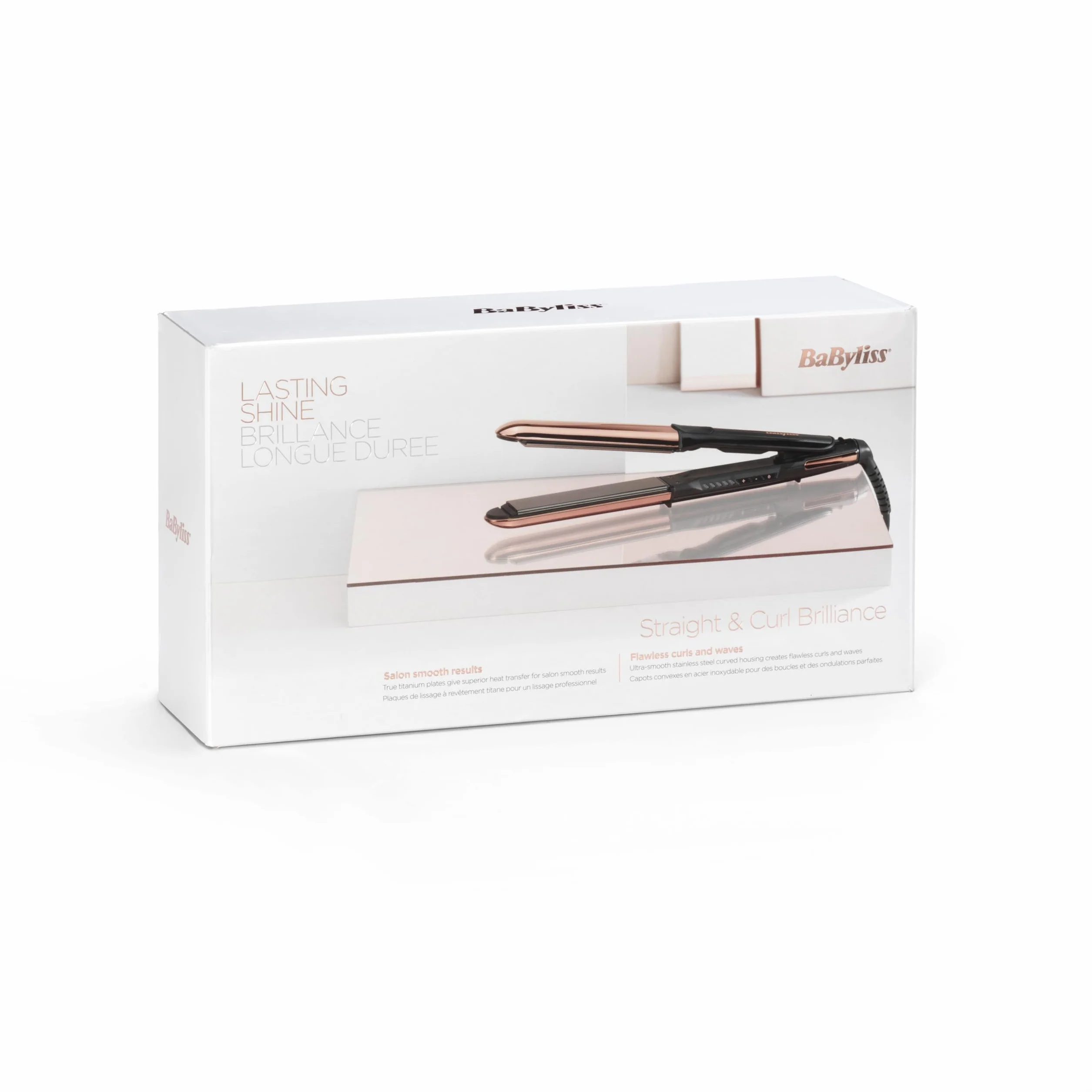 Prostownica BaByliss Straight And Curl Brilliance - wygładzające płytki tytanowe, jonizacja, szybkie nagrzewanie w 15s, zakrzywiona metalowa konstrukcja, 5 ustawień temperatury do 235°C, ST482E