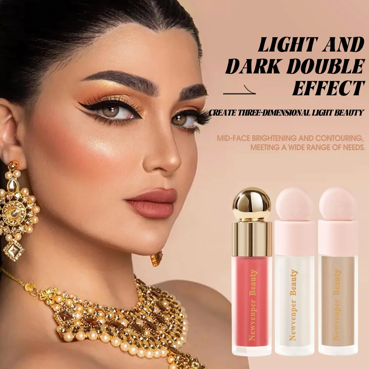 Newvenper Krem, bronzer + rozświetlacz + róż, z pędzelkiem do twarzy, długotrwały i gładki, róż, rozświetlacz i bronzer do konturowania w płynie