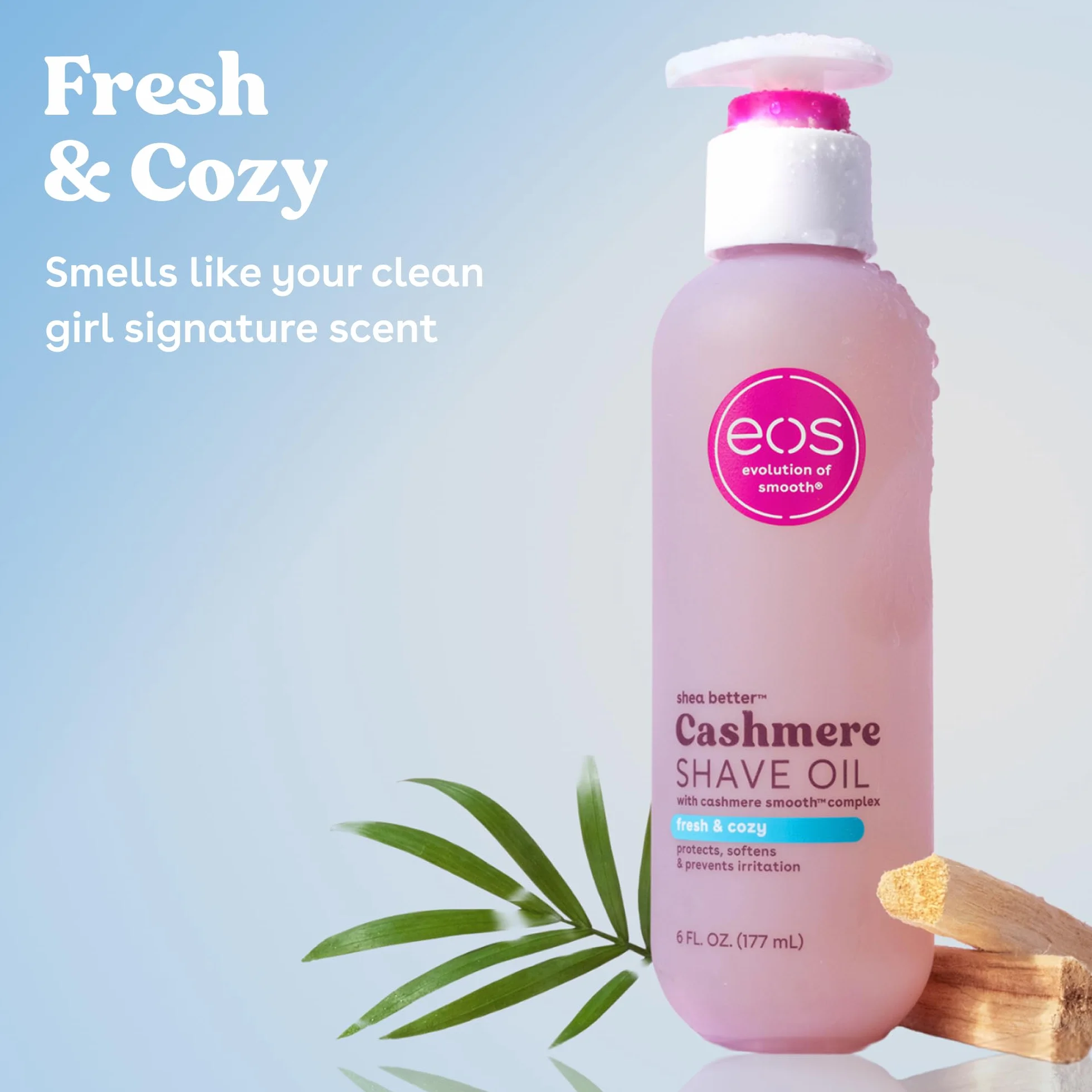 eos Olejek kaszmirowy do golenia – Fresh & Cozy nawilżający olejek do golenia · z masłem shea i gliceryną · do skóry wrażliwej · 177 ml