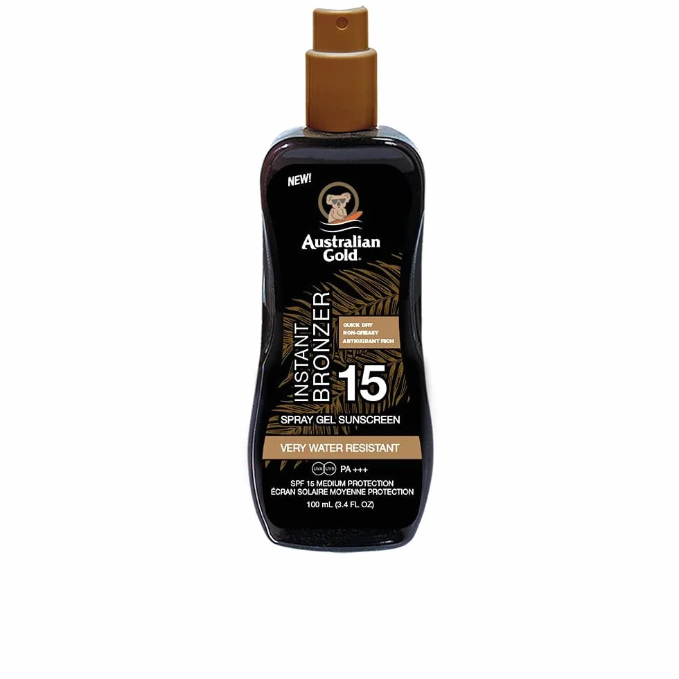 Australian Gold LSF 15 żel w sprayu z bronzerem, spray do opalania, mleczko do opalania, 100 ml