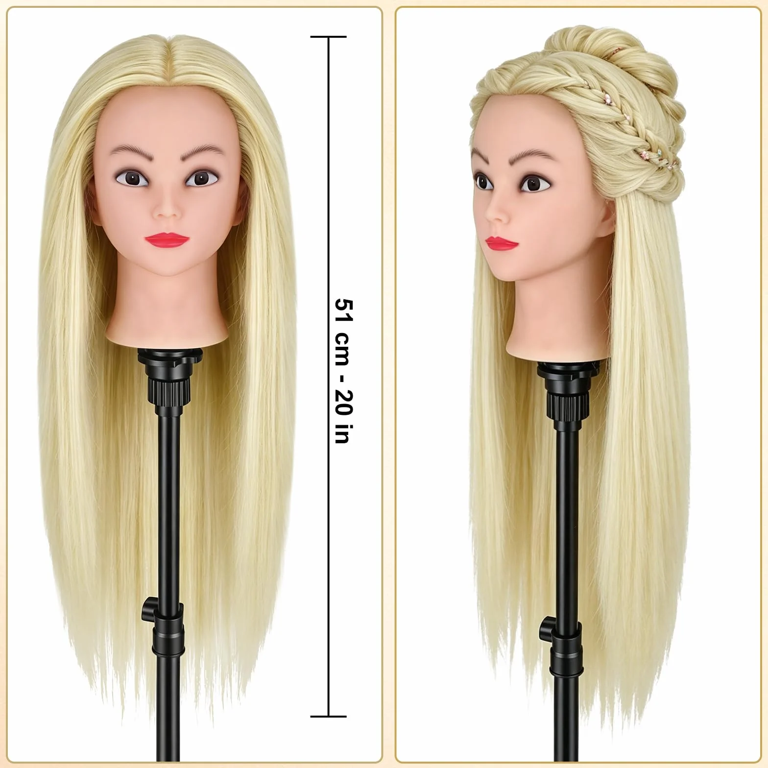 TwoWin Głowa treningowa fryzjerska 20" 51 cm 80% prawdziwe włosy do stylizacji peruki z zaciskiem zestaw do zaplatania DIY jasnozłota
