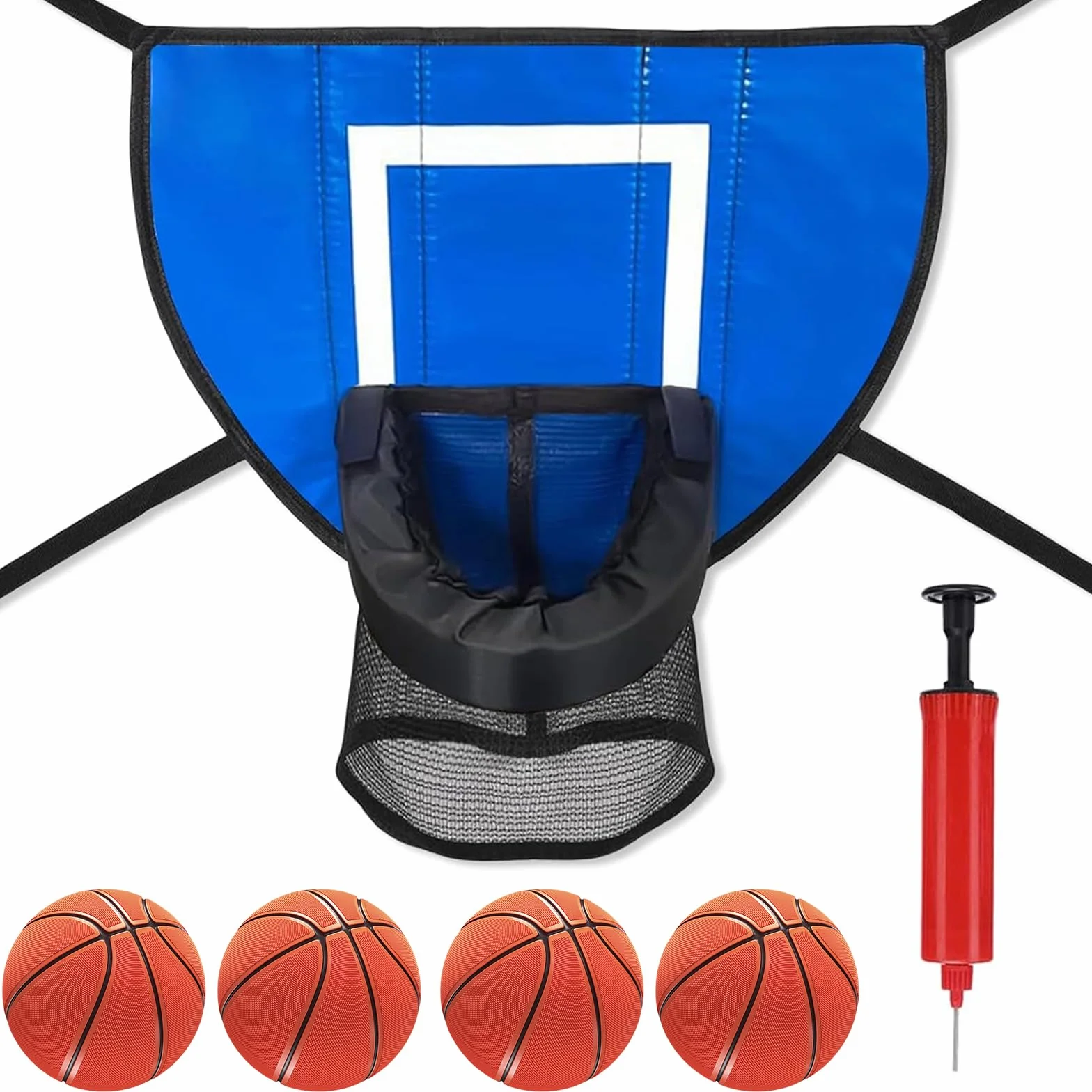 Kosz do koszykówki z pompką do piłki, nasadką do trampoliny, nakładką do koszykówki, mini koszem do koszykówki z 4 mini piłkami do koszykówki i 1 pompką, do użytku wewnątrz i na zewnątrz