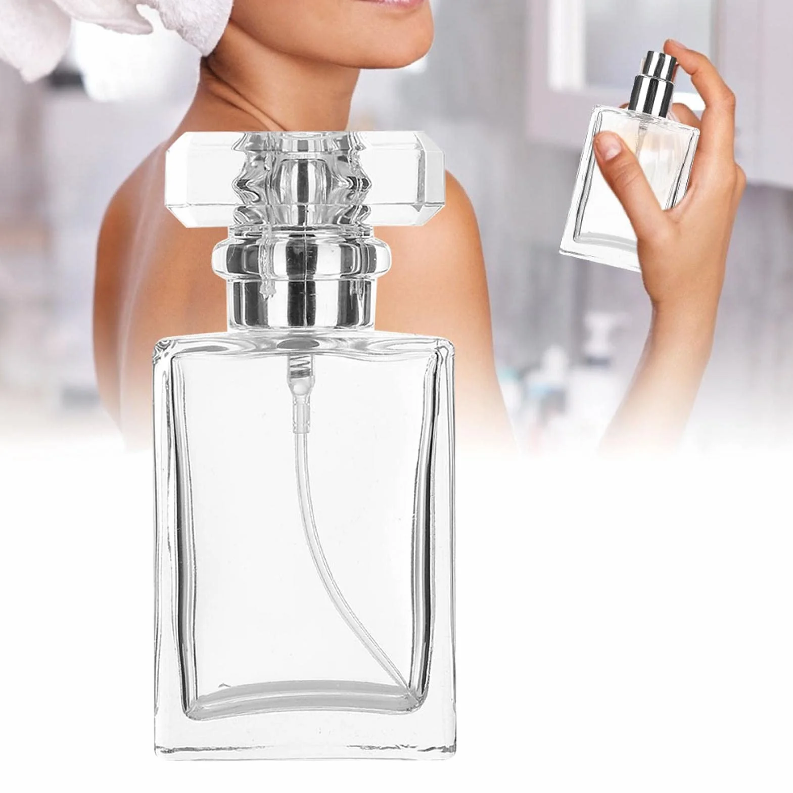 Butelka z rozpylaczem perfum, 30 ml, pusta szklana butelka na perfumy, do wielokrotnego napełniania, prostokątna flakon, do pakowania perfum w podróży, 9,4 x 4,6 cm (przezroczysta)