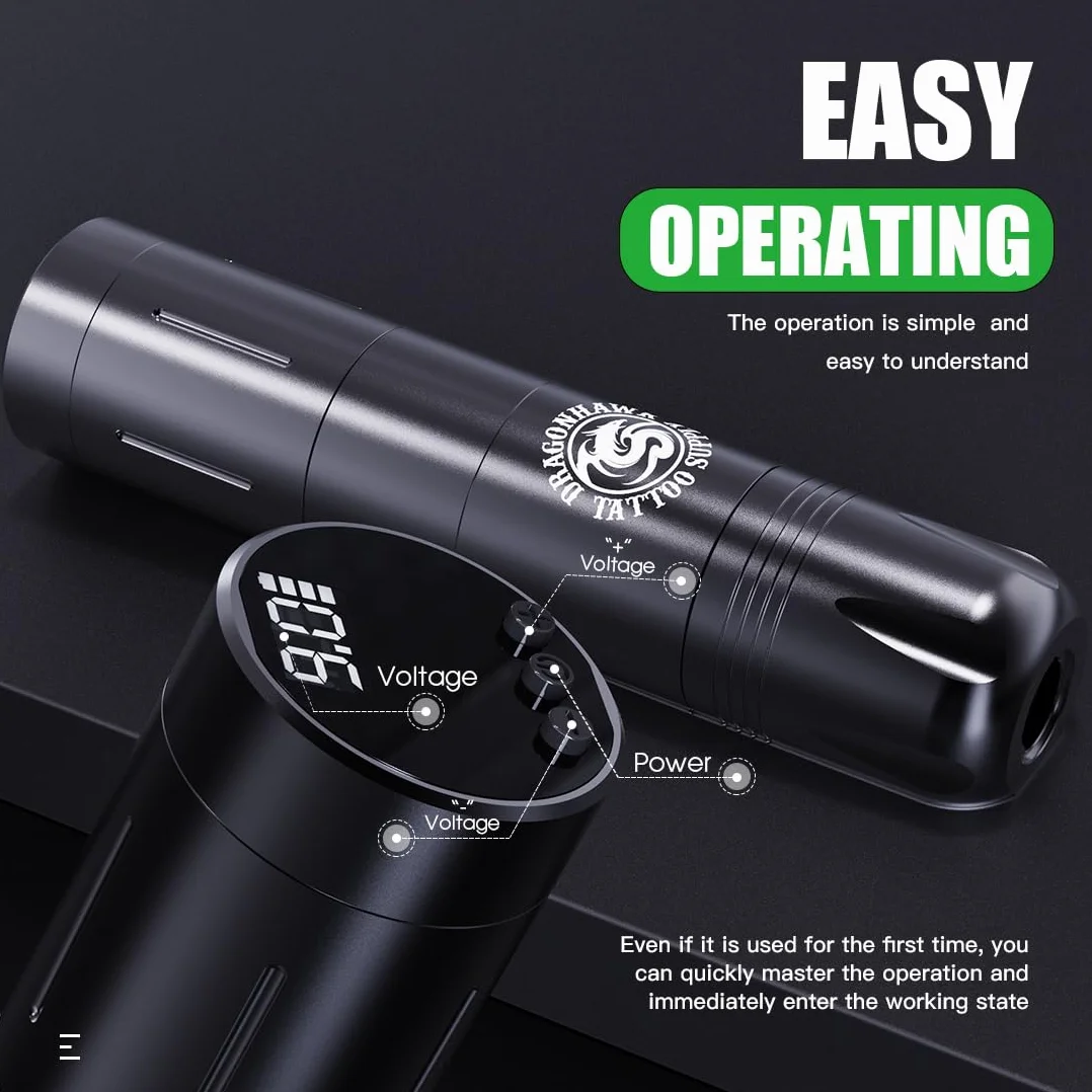 Dragonhawk Wireless Rotary Tattoo Machine Kit Tattoo Gun with LCD Display, 2 Rechargeable Batteries, Cartridge Needles Included, Complete Kit for Beginners