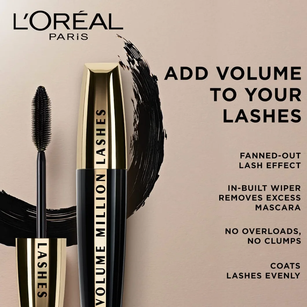 L'Oréal Paris Mascara Volume Million Lashes Tusz do rzęs w głębokiej czerni dla dodatkowego podkreślenia i objętości, nr 00 Extra-Black, 1 x 9,2 ml
