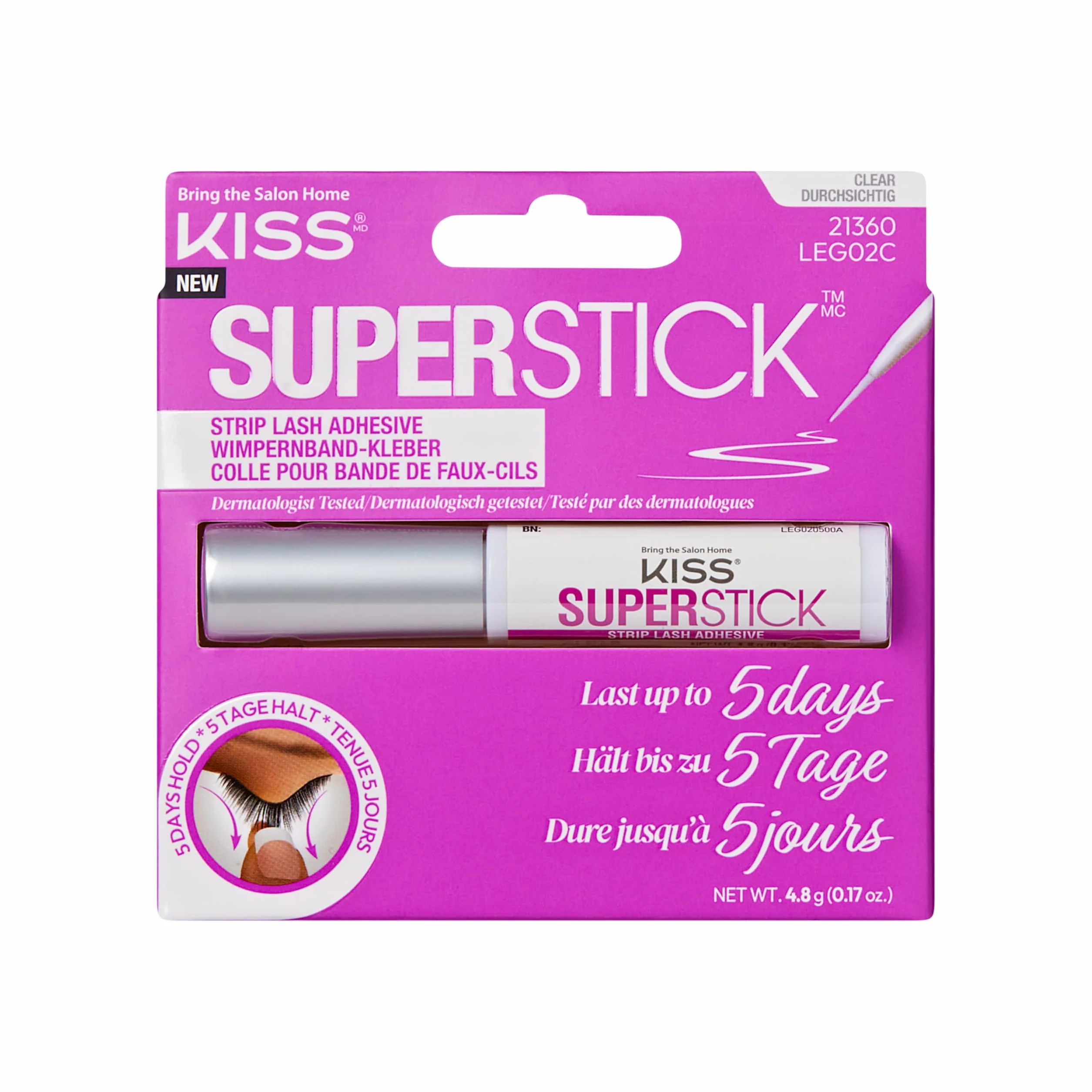 KISS Super Stick klej do rzęs, wydłużony czas noszenia 5 dni, szybkoschnący klej do rzęs, wzbogacony ekstraktem z oczaru wirginijskiego i kaktusa, aplikator pędzla, netto 4,8 g, przezroczysty