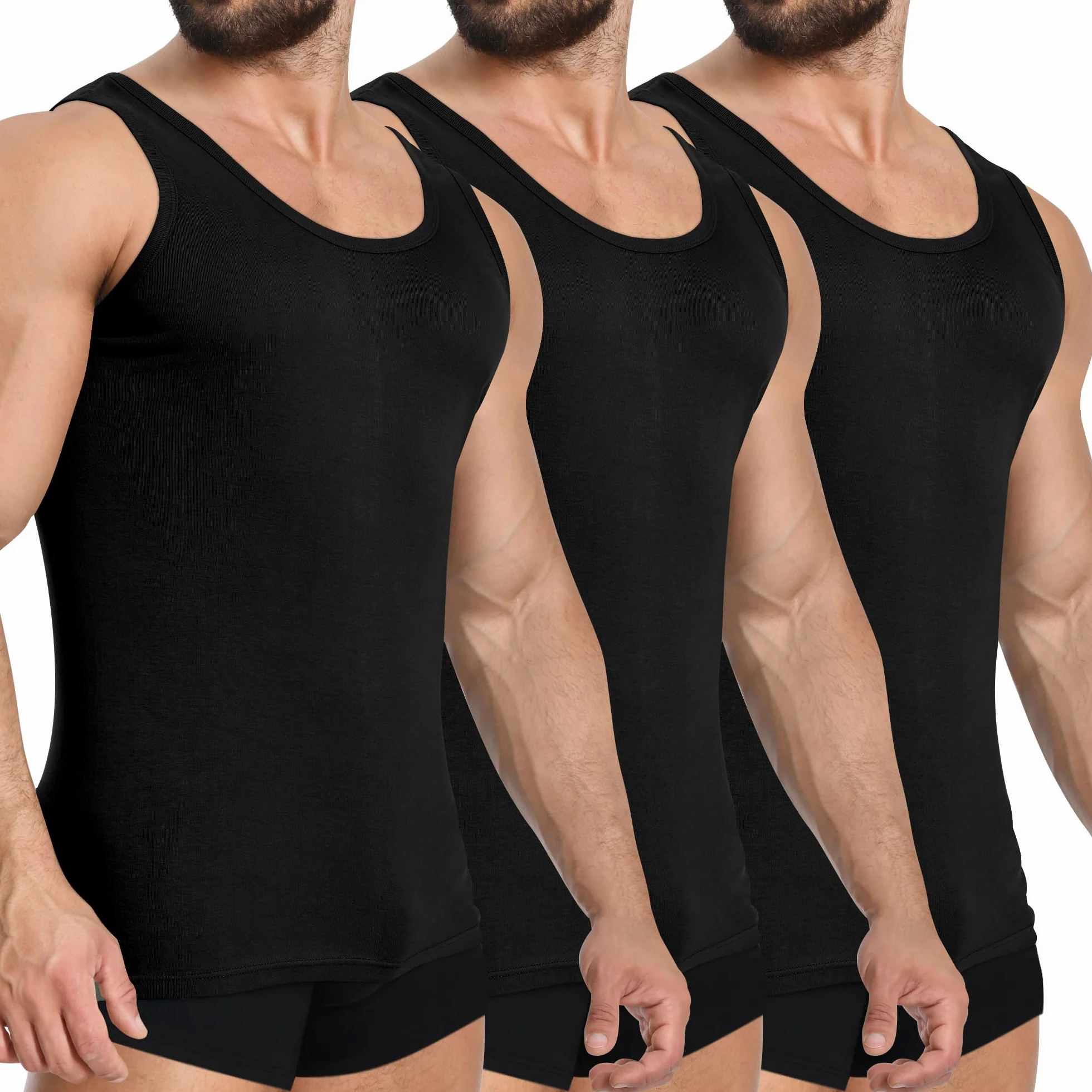 YOUCHAN Podkoszulek męski, tank top, 3 sztuk, 100% bawełna, bez rękawów, bawełna, czarny, biały