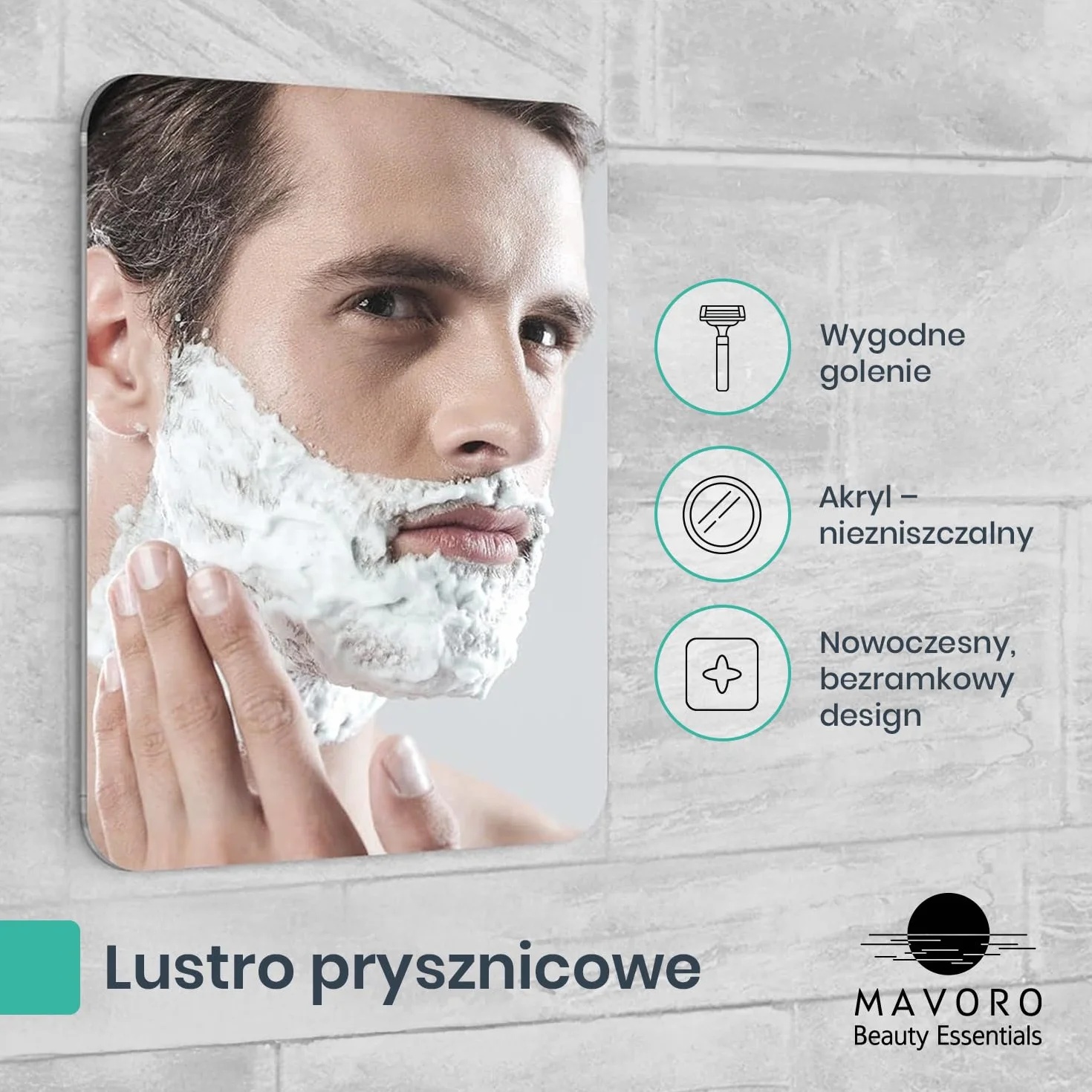 Mavoro Shaving Mirror for Shower - 3M Adhesive Acrylic Mirror 17.5x22.5cm Unbreakable Less Fogging Frameless