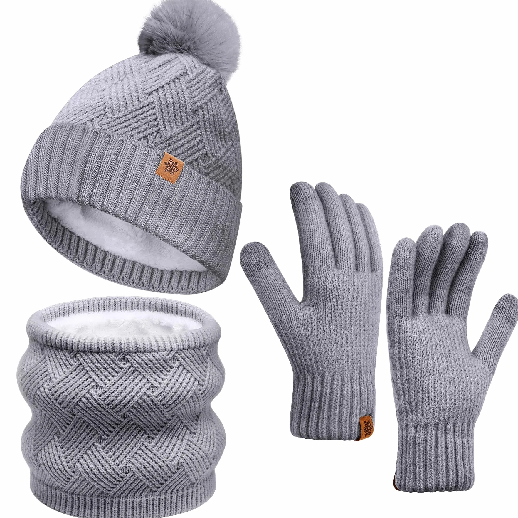 Czapka, szary, jeden rozmiar, Zestaw zimowy 3 w 1 beanie, Damska zimowa czapka beanie, szalik, rękawiczki do ekranów dotykowych, czapka zimowa, rękawiczki zimowe, szal