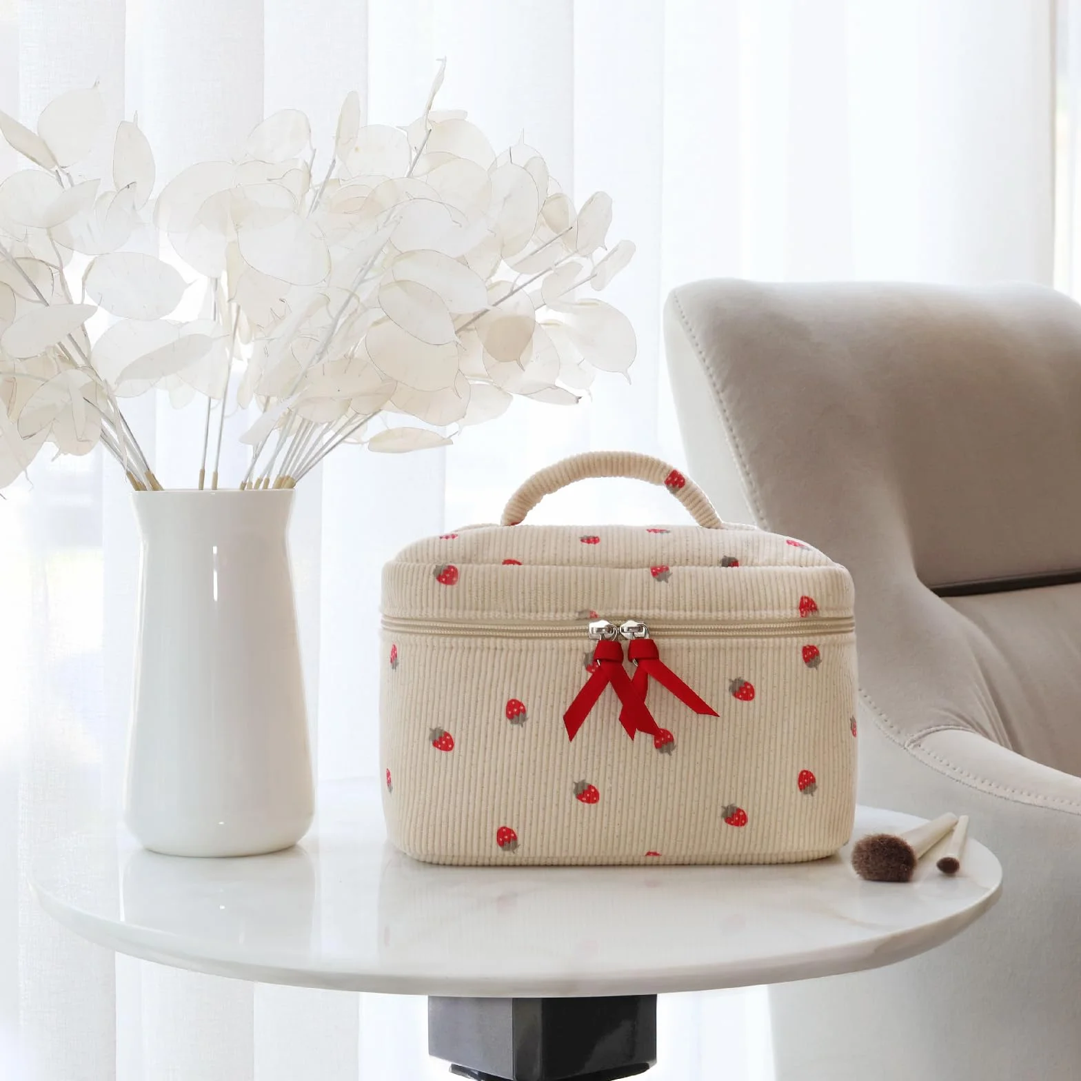 Prite Aesthetic Floral kosmetyczka z bawełny, z pikowanym wzorem, podróżna kosmetyczka lub kosmetyczka dla kobiet i dziewcząt, erdbeere