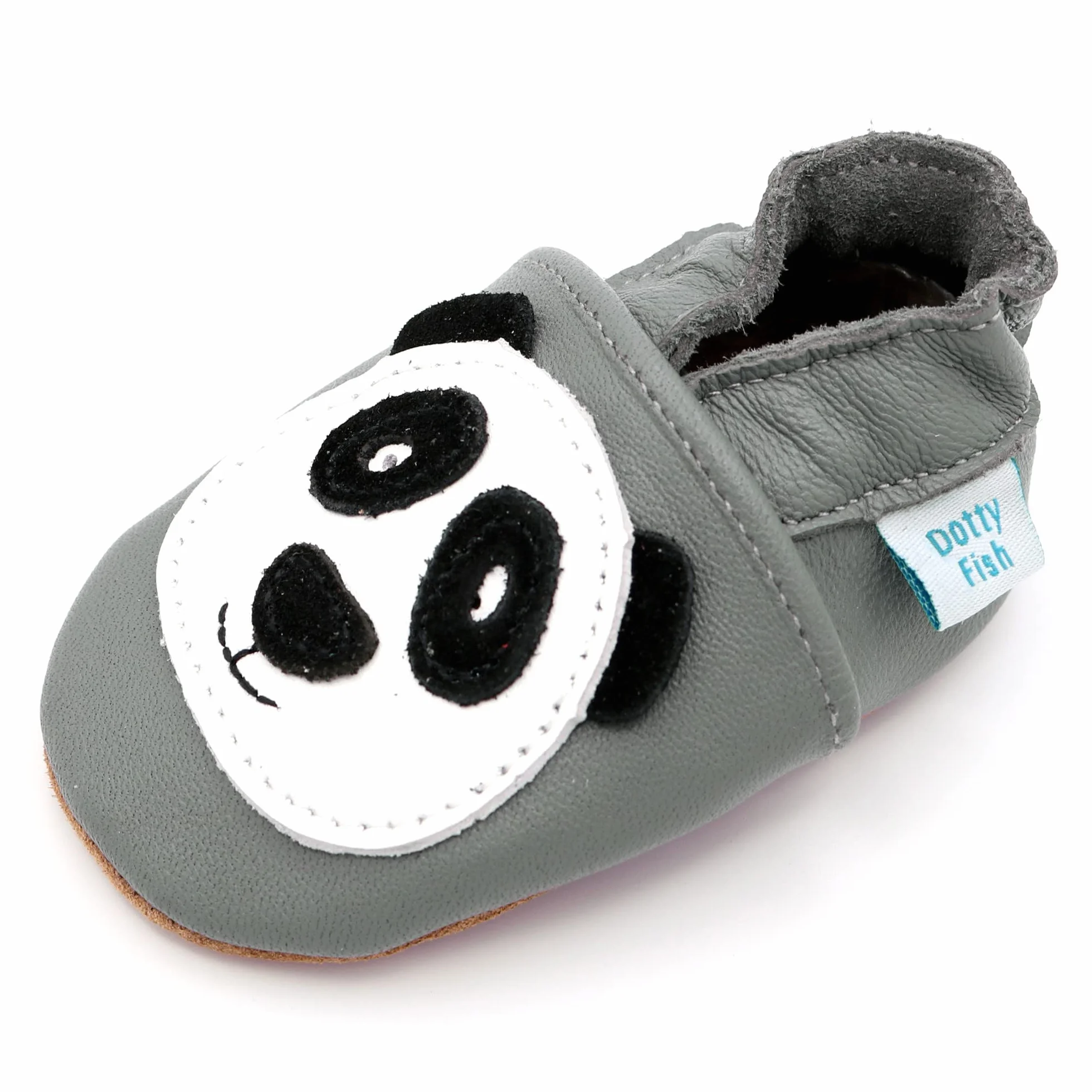 Dotty Fish Miękkie skórzane buty dziecięce z antypoślizgowymi podeszwami zamszowymi. Buty do raczkowania. Wzór zwierzęcy. Chłopcy i dziewczęta (17-28 EU), Szara panda., 21 EU