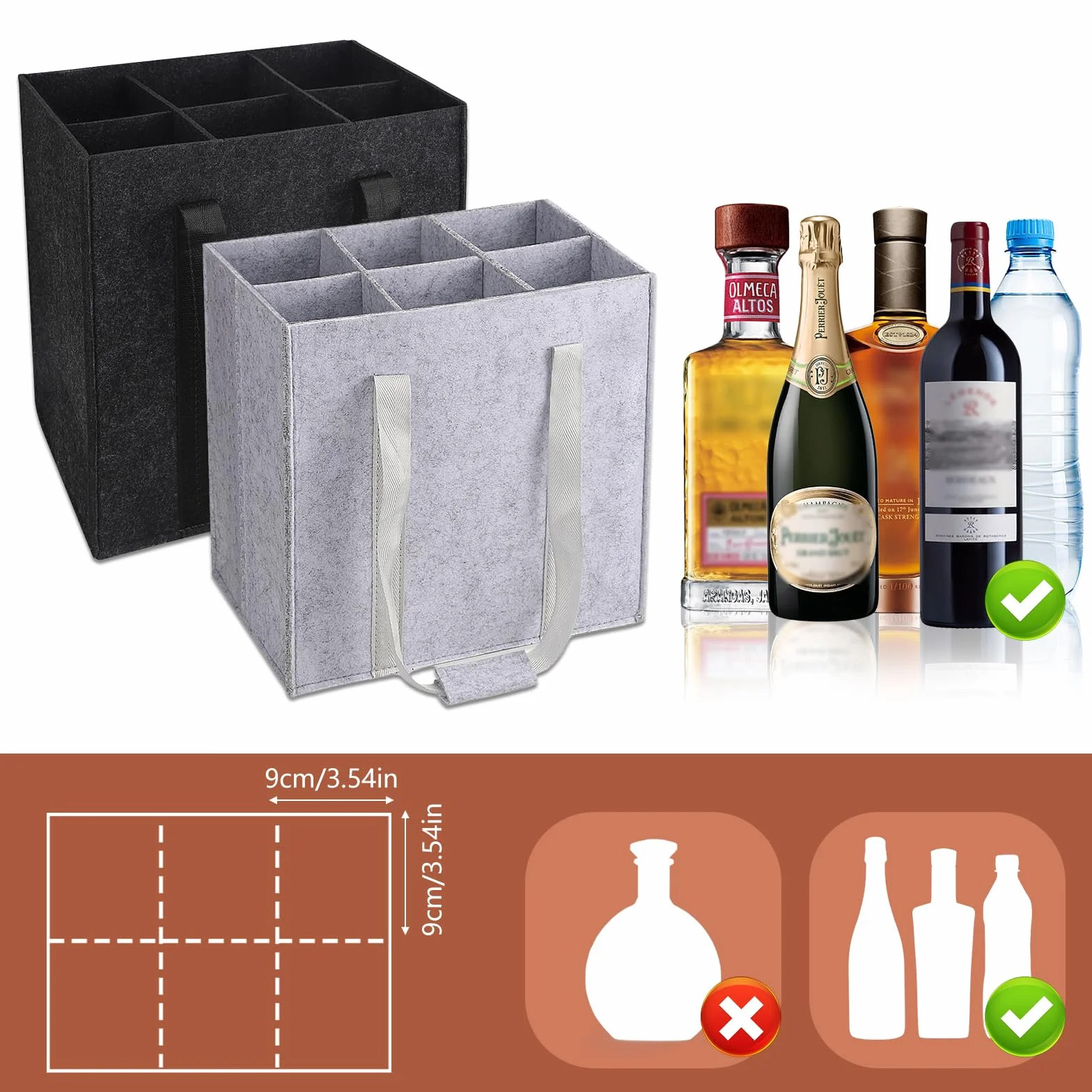 Torba na butelki z filcu z recyklingu, 6 przegródek, do butelek 1,5 l,2pcs