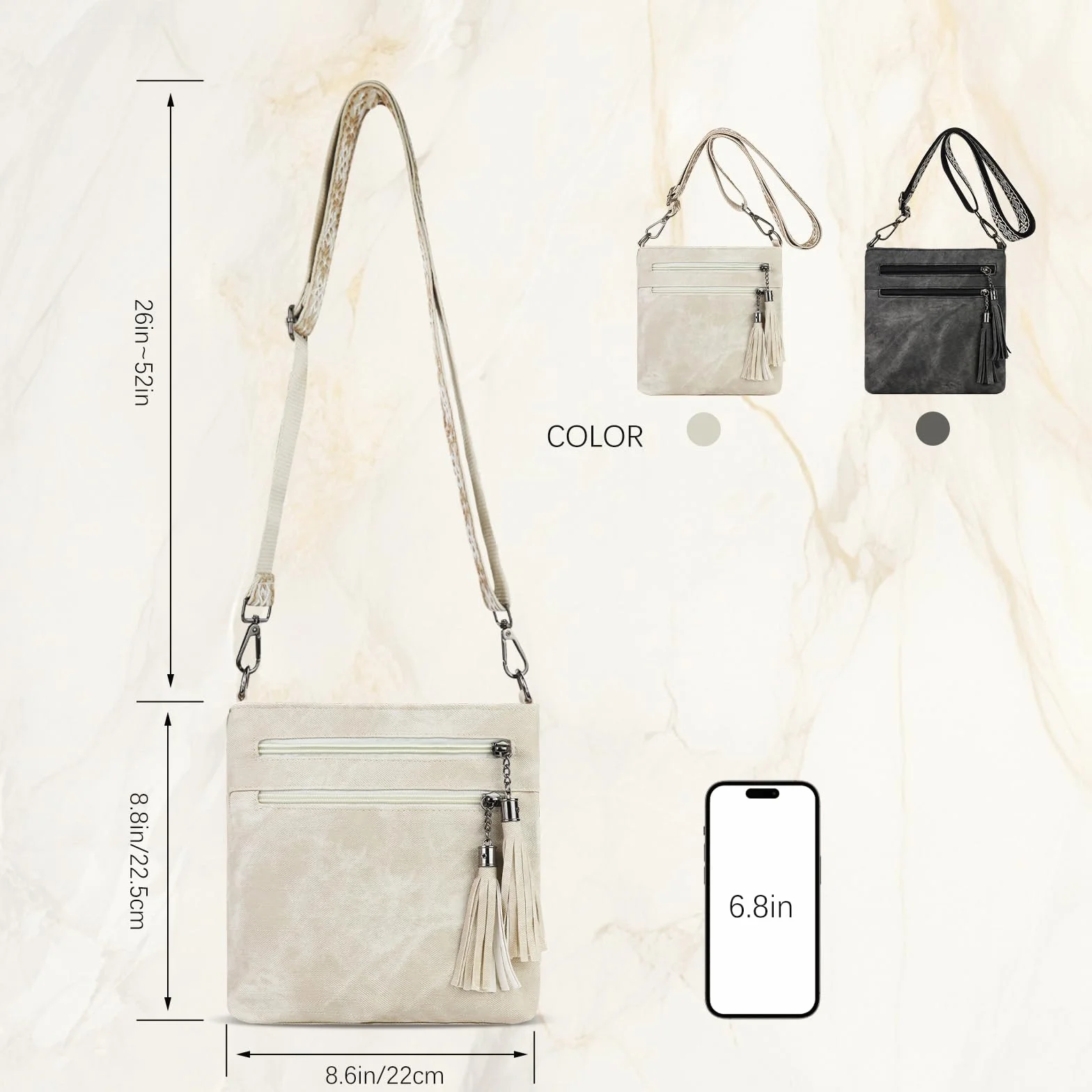 AfitLulu 4 kieszenie Crossbody Bag damska torba na ramię z zamkiem błyskawicznym z frędzlami, modna damska torba na ramię ze sztucznej skóry, z odpinanymi i regulowanymi paskami na ramiona