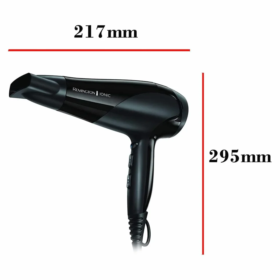 Remington suszarka do włosów z jonizacją, 3 ust. nagrzewania i 2 ust. nawiewu, koncentrator i dyfuzor, zimny nawiew, pierścień ceramiczny, moc 2200W, czarna, Ionic Dry D3198