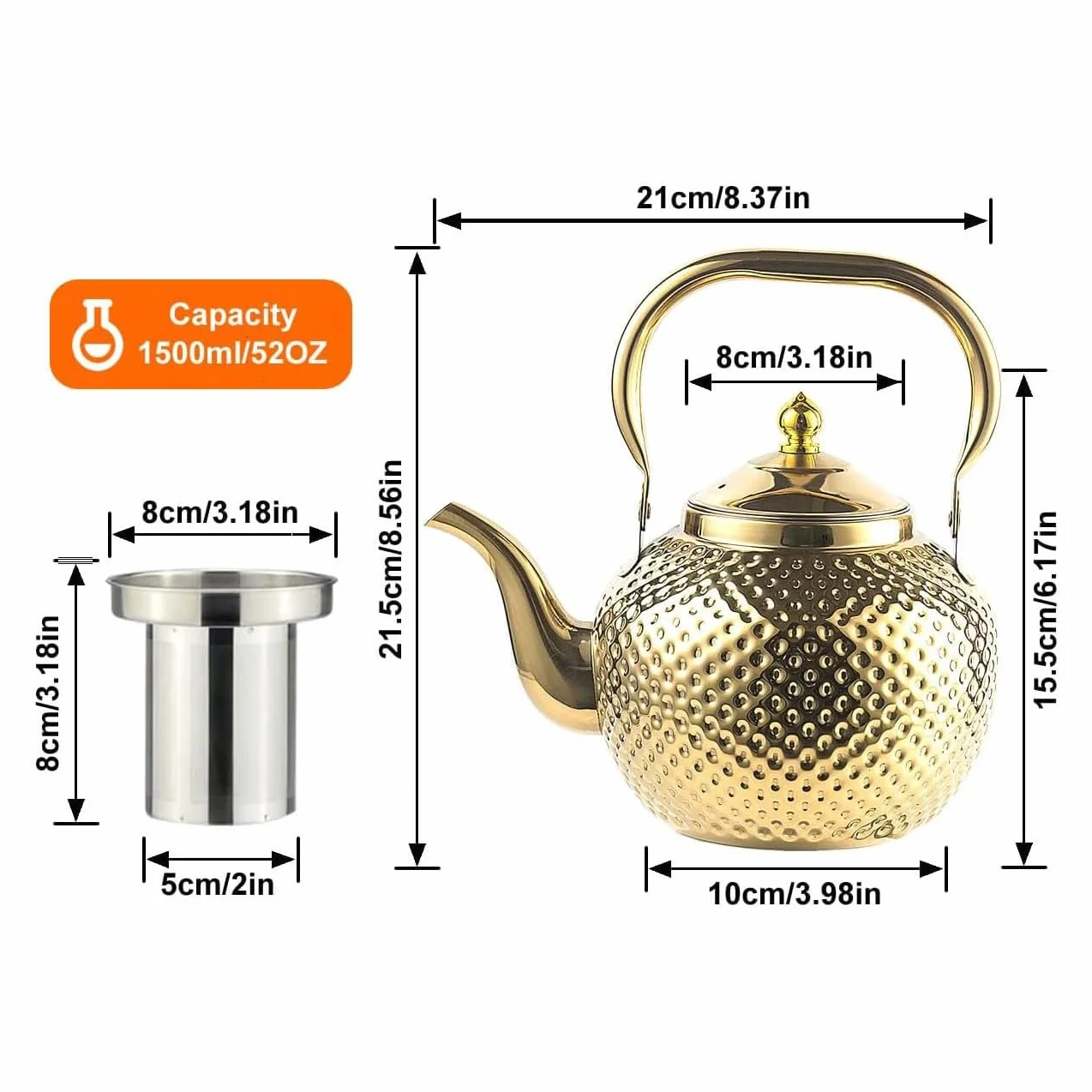 SANQIAHOME1,5 l dzbanek do herbaty ze stali nierdzewne,z wyjmowanym zaparzaczem do herbaty, Imbryki, czajnik, złoty