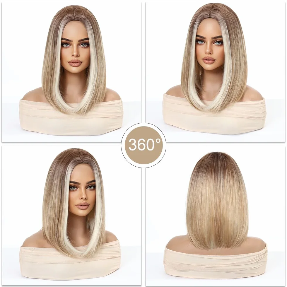 Esmee Krótka Prosta Blond Bob Peruka dla Kobiet Naturalne Syntetyczne Włosy Ombre Peruki z Brązowymi Korzeniami Cosplay Codzienne Użycie Imprezy -14 Cali