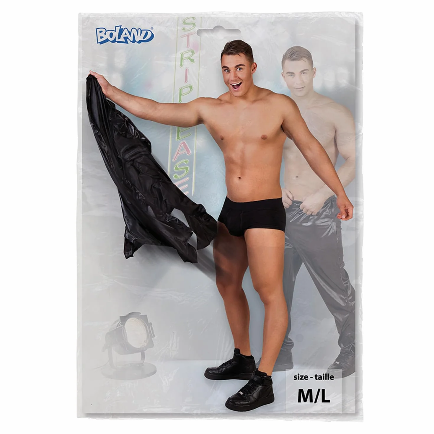 Boland 81003 - spodnie striptizera, rozmiar M/L, czarne, wykonane z poliestru, z zapiciem na rzepy do szybkiego rozebrania, kostium, przebranie, karnawaB, bal przebieraDców