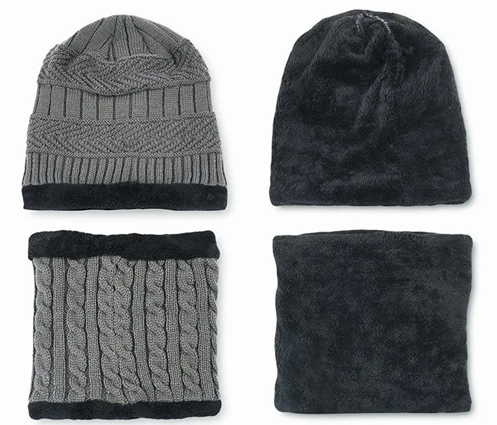 Zimowa czapka beanie, zestaw szalików, podszewka z polaru, ciepła dzianinowa czapka i ocieplacz na szyję, zimowa outdoorowa czapka narciarska i komin dla mężczyzn kobiet, szary, Rozmiar uniwersalny