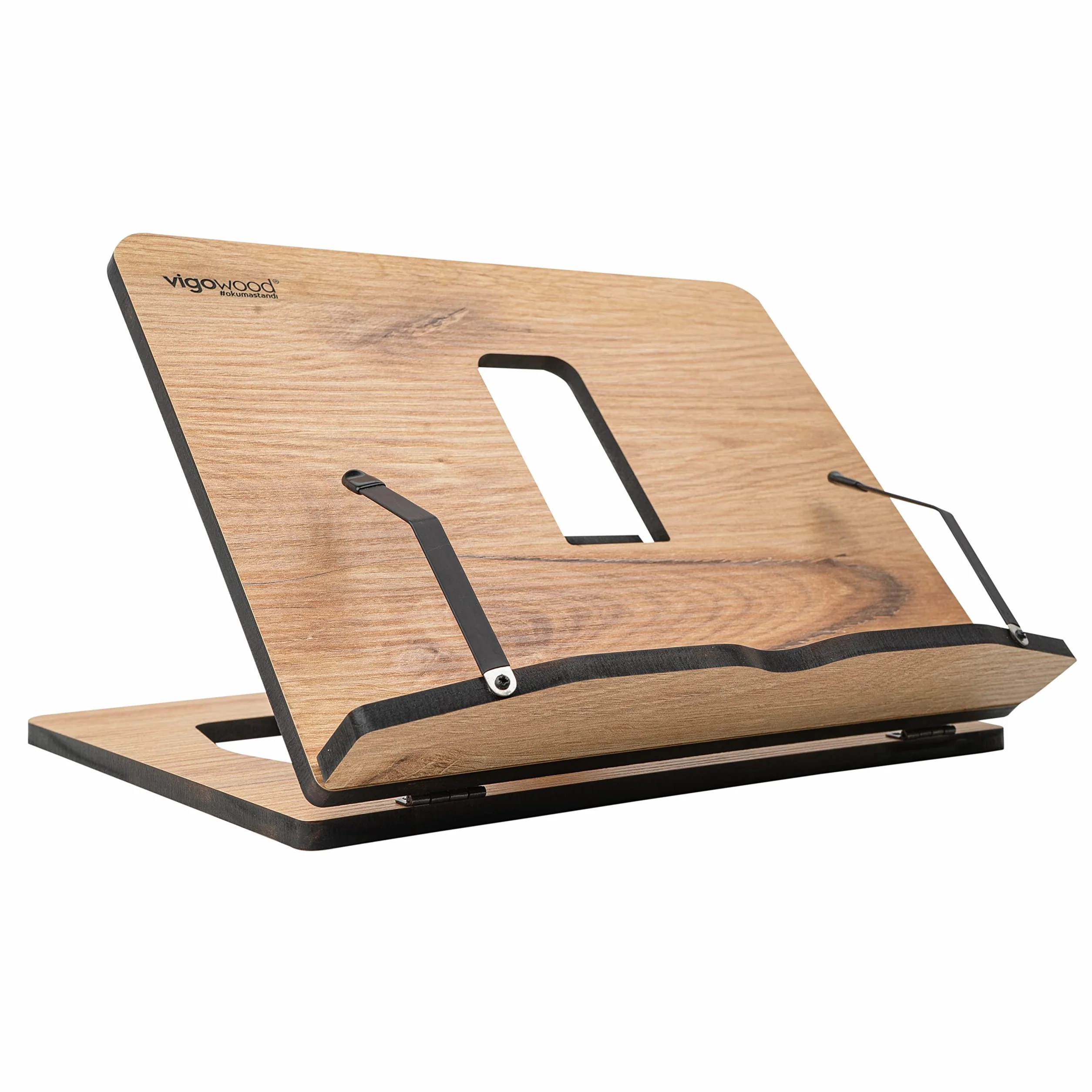 Vigo Wood Drewniany stojak do czytania książek, składany uchwyt na książkę kucharską tablet PC z regulacją wysokości (dąb)