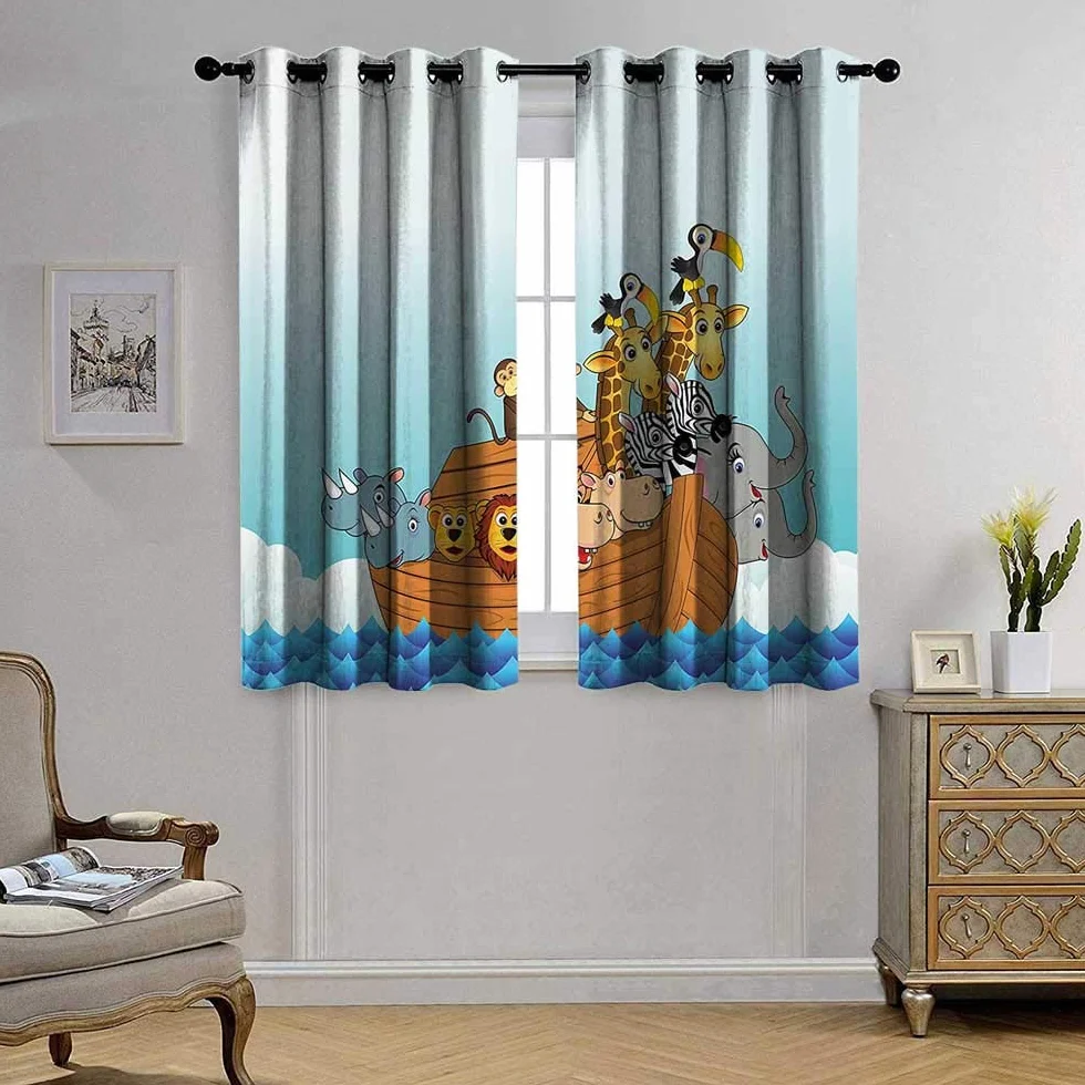fengruihome Fashion Window Curtain Grommet Curtains for Living Room/Bedroom Noahs Ark in Waves in The Sea Water Carto Characters Animal Giraffe Elephant 63"X45"
