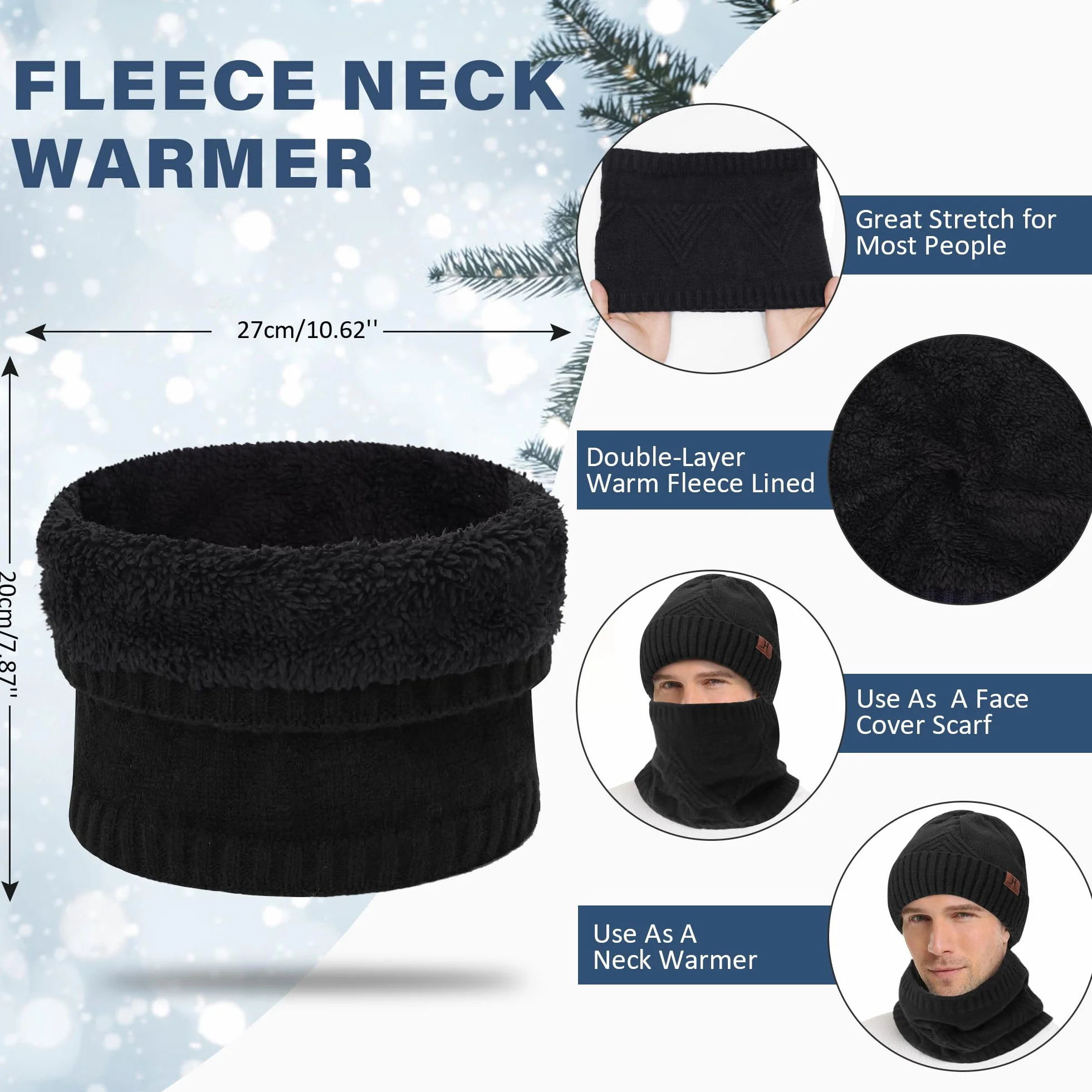 Bequemer Laden Męska zimowa ciepła czapka beanie, szal i ekran dotykowy, zestaw rękawiczek z polarem, czapka zimowa, komin, rękawiczki zimowe, Z czarny., jeden rozmiar