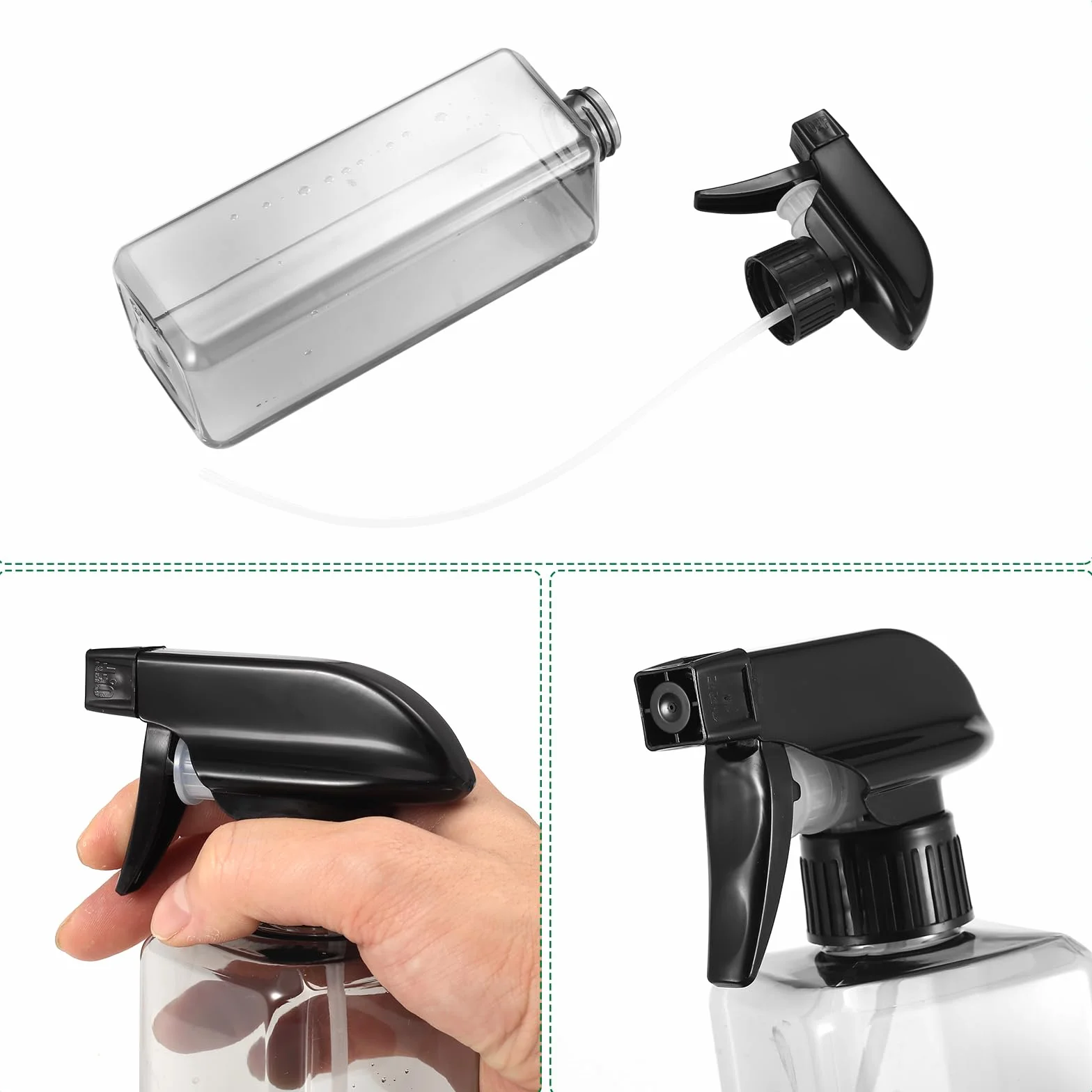 Butelki z rozpylaczem do czyszczenia, 500 ml, butelka z rozpylaczem do włosów, do roślin, do wielokrotnego napełniania, plastikowe butelki z rozpylaczem do włosów (kwadratowe, czarne, przezroczyste)