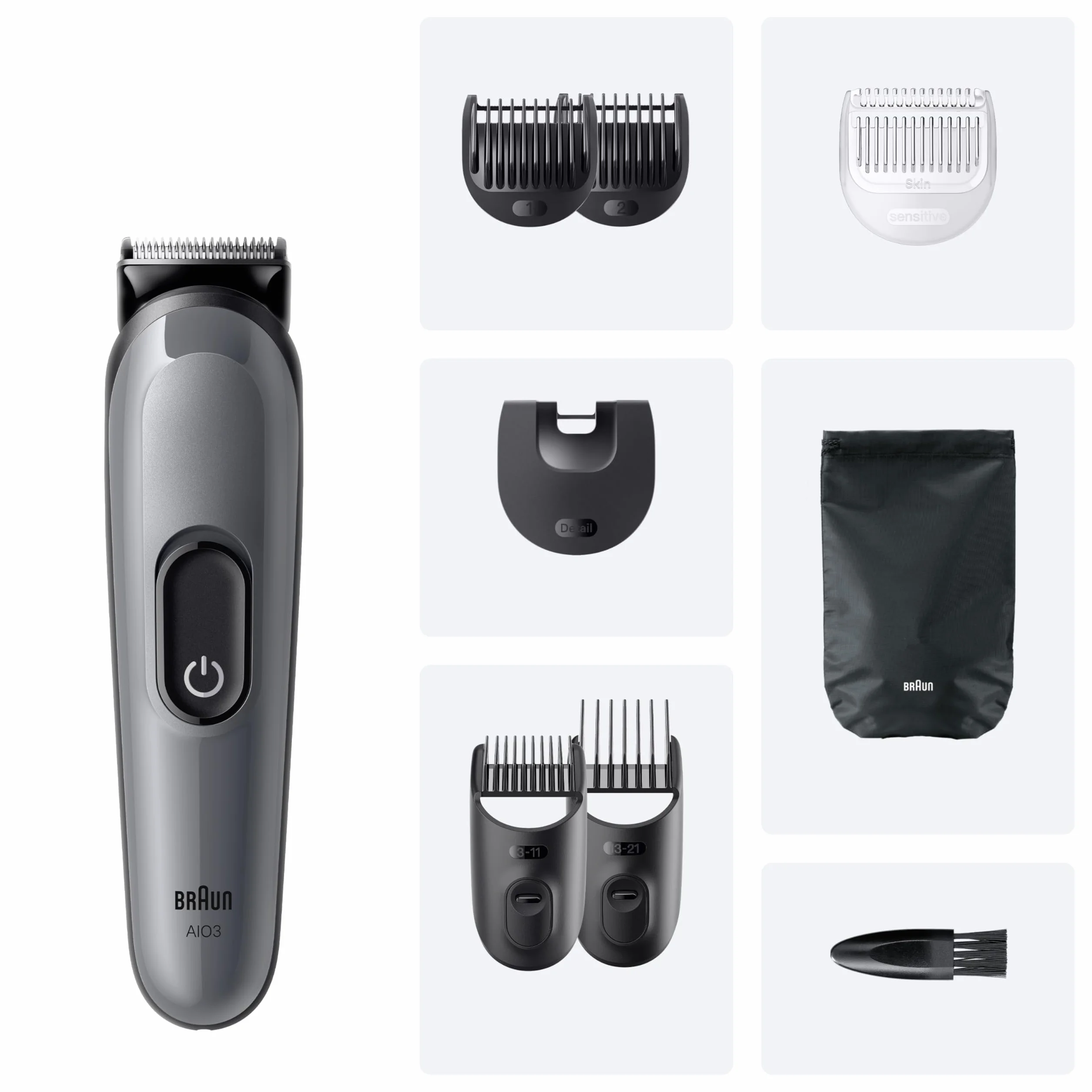 Braun Series 3 Wielofunkcyjny zestaw do pielęgnacji ciała, 8 w 1, niezwykle ostre ostrze, 14 ustawień długości, zarostu i włosów, 50-minutowy czas działania, łatwa i szybka stylizacja, AIO3540, szary