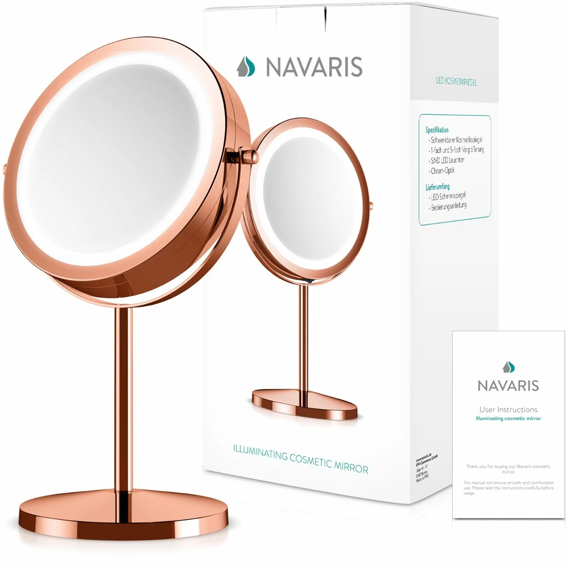 Navaris Lustro kosmetyczne z oświetleniem LED - lustro o normalnym powiększeniu i 5x - obracane o 360° podświetlane lusterko do makijażu