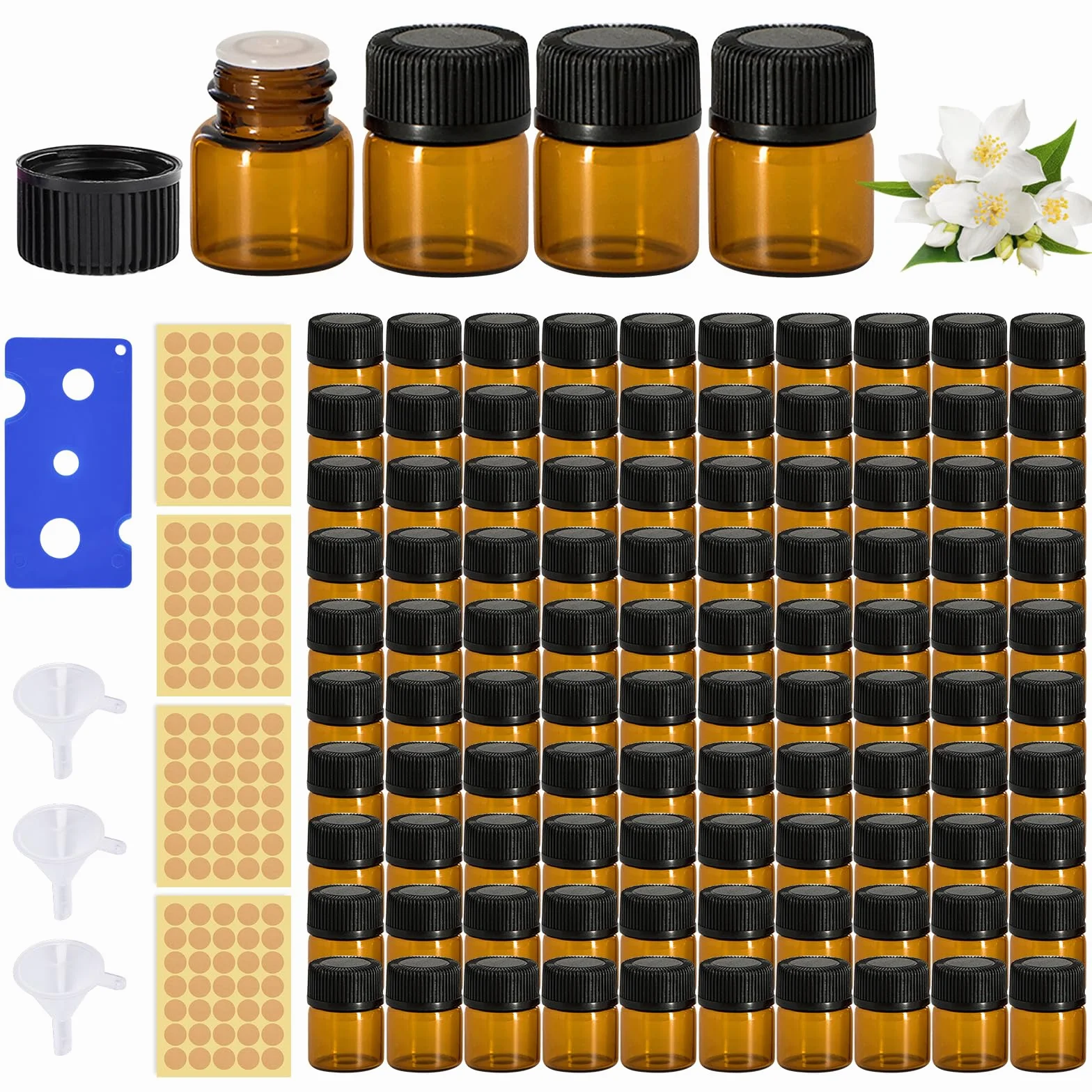 Mini butelki na olejki eteryczne: 100 sztuk, brązowe, puste buteleczki z naklejką, lejkiem i otwieraczem do butelek, do aromaterapii i masażu (1 ml, brązowe)