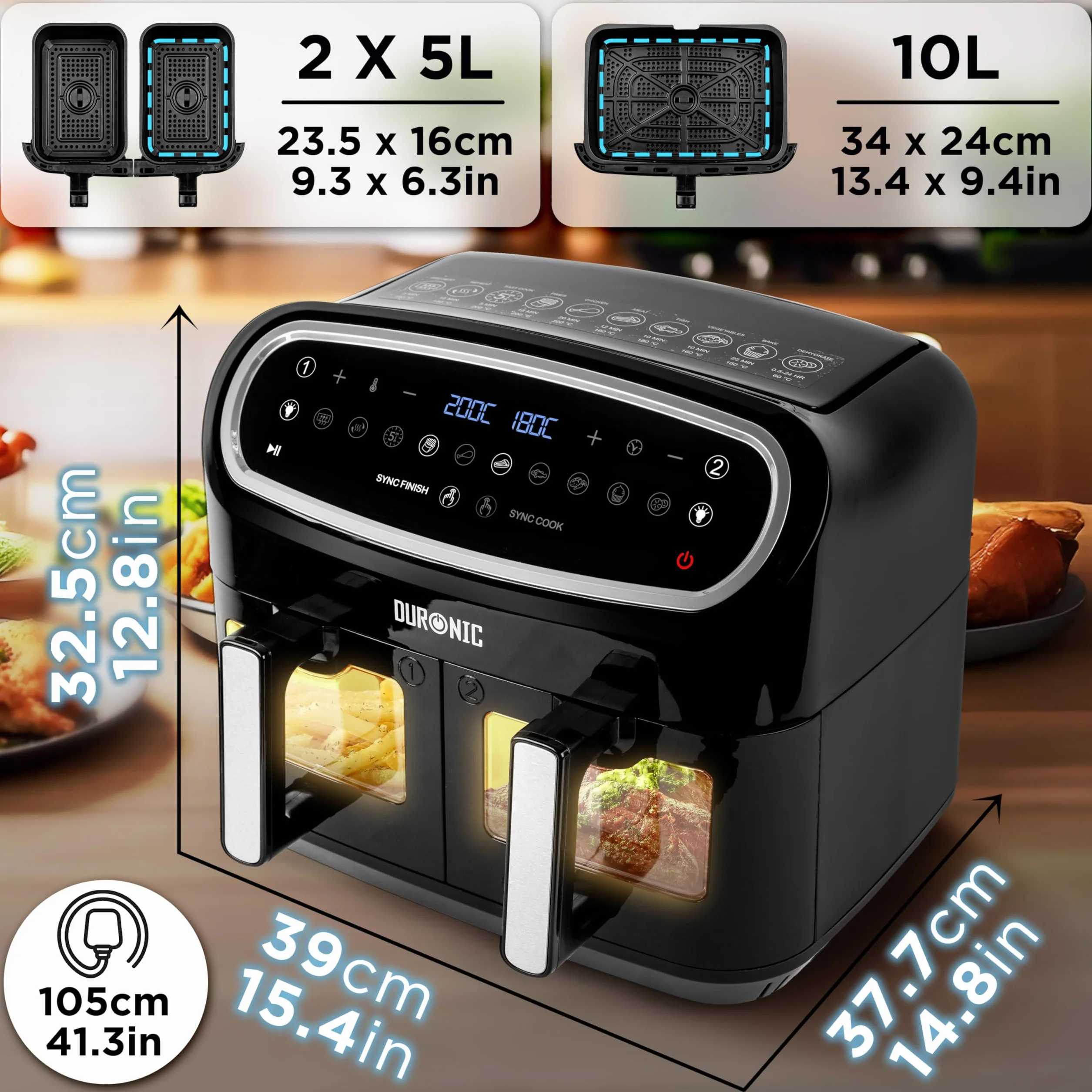 Duronic AF34 BK Frytkownica beztłuszczowa na gorące powietrze | Air fryer XXL z AFD1 duża komora 10l i 2x po 5l dwukomorowa wielofunkcyjna | dual